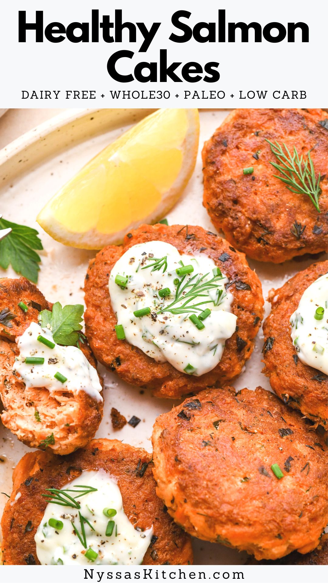 These Whole30 salmon cakes (salmon patties) are a delicious, protein rich recipe made with fresh salmon, herbs, and without breadcrumbs, panko, or flour. Easy enough to make on a weeknight but impressive enough to make for a dinner party! Crispy, loaded with flavor and nutrient dense. Whole30, paleo, gluten free, dairy free, low carb, and keto friendly.