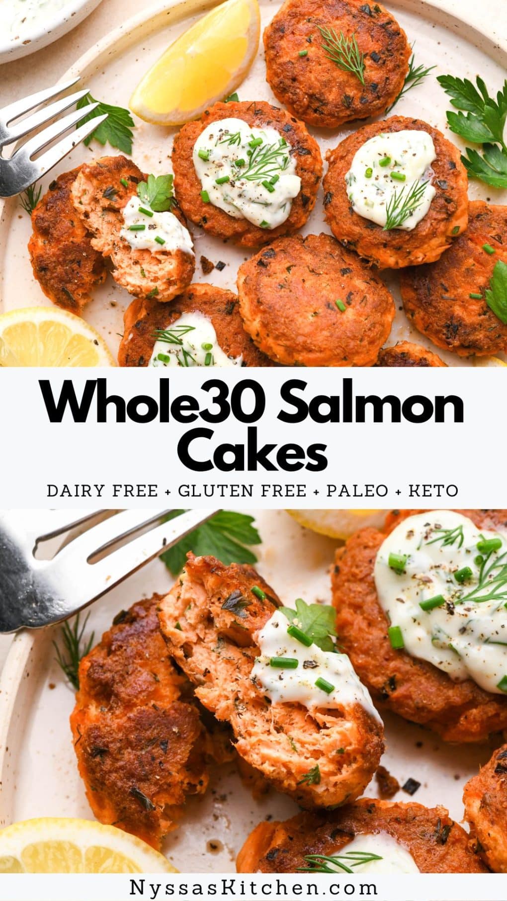 Pinterest pin for Whole30 salmon cakes