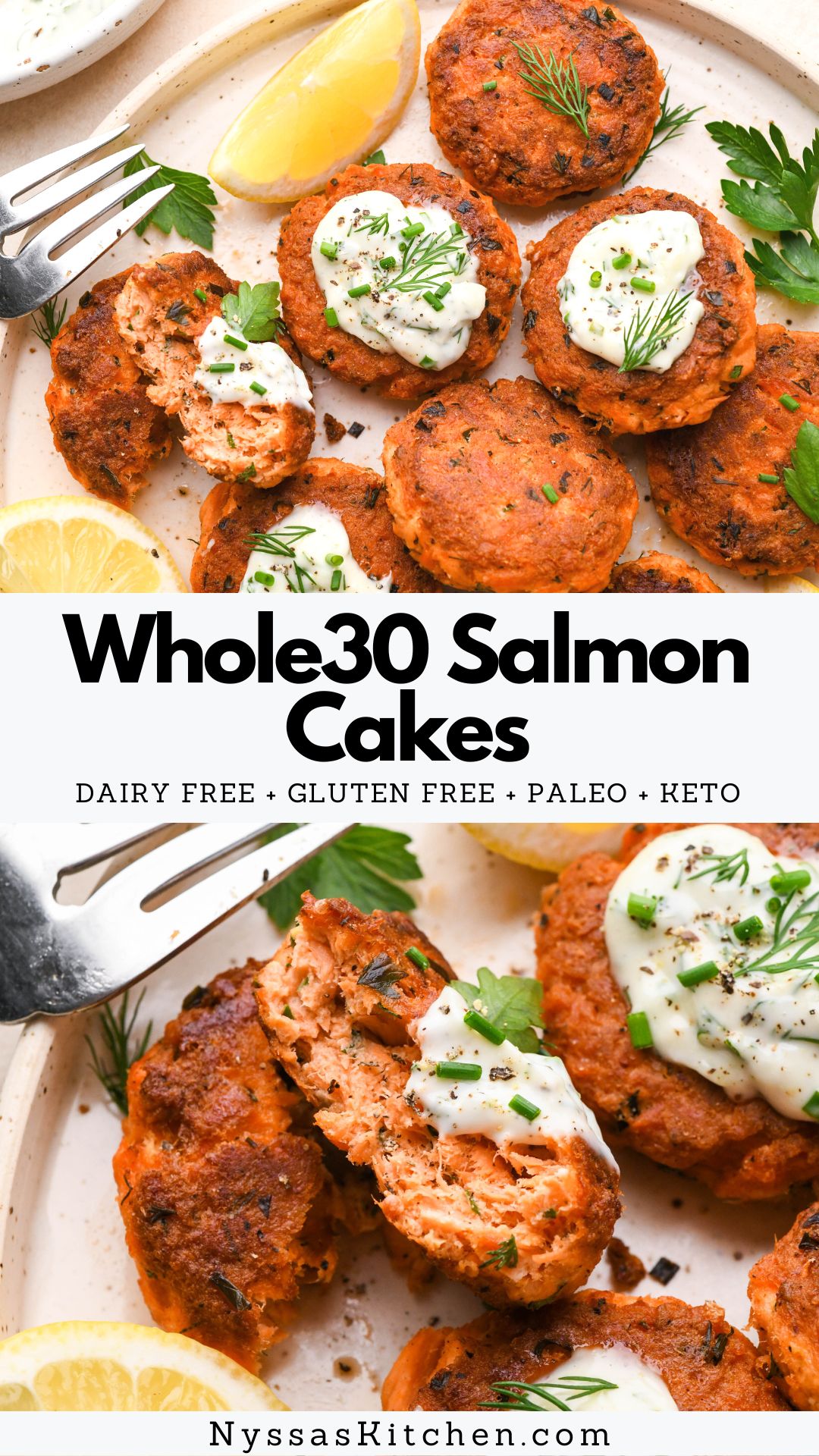 These Whole30 salmon cakes (salmon patties) are a delicious, protein rich recipe made with fresh salmon, herbs, and without breadcrumbs, panko, or flour. Easy enough to make on a weeknight but impressive enough to make for a dinner party! Crispy, loaded with flavor and nutrient dense. Whole30, paleo, gluten free, dairy free, low carb, and keto friendly.