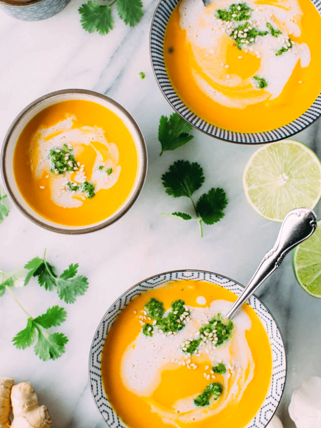 Thai Carrot And Sweet Pepper Coconut Soup With Cilantro Pesto {Paleo