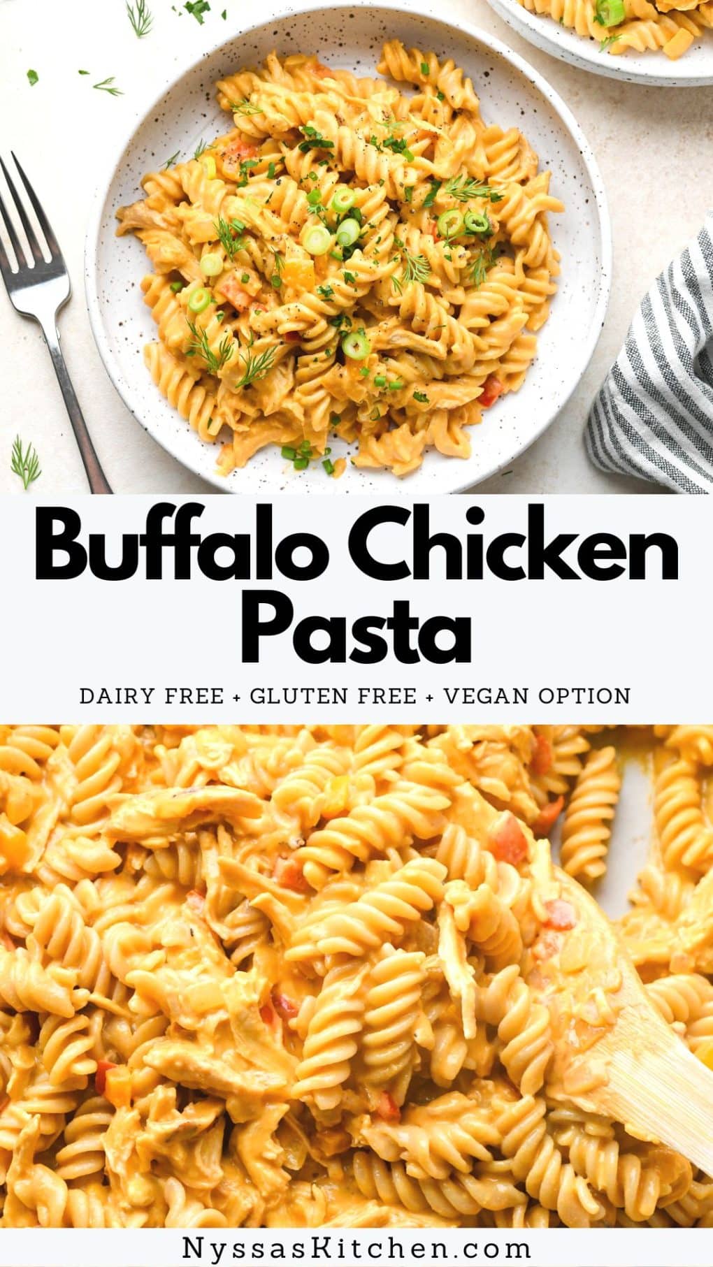 Pinterest pin for gluten free and dairy free buffalo chicken pasta