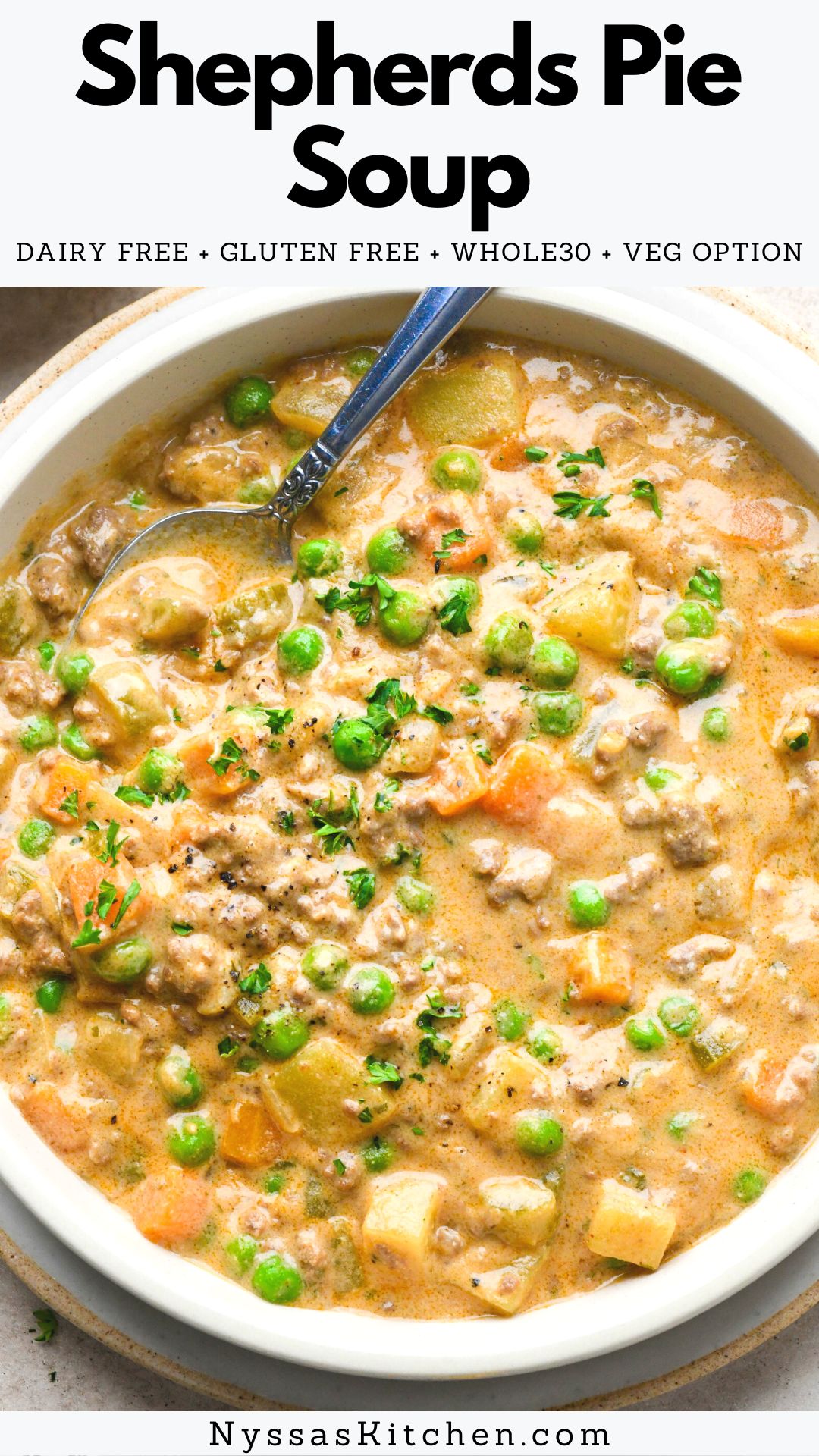 This comforting shepherds pie soup is a delicious, healthy twist on a classic casserole dish. A rich and flavorful recipe that is easy to make and perfect for your next family dinner! Made with tons of veggies, ground beef, and a creamy cashew cream base for a comfort food meal you'll want to make again and again! Gluten free, dairy free, Whole30, paleo, and easily adapted to be vegan.