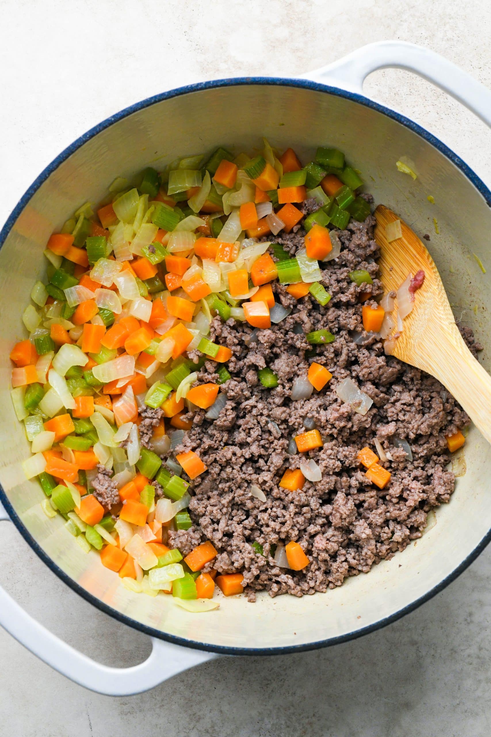 How to make shepherds pie soup: Ground beef cooked and crumbled in the soup pot with the sautéed veggies.