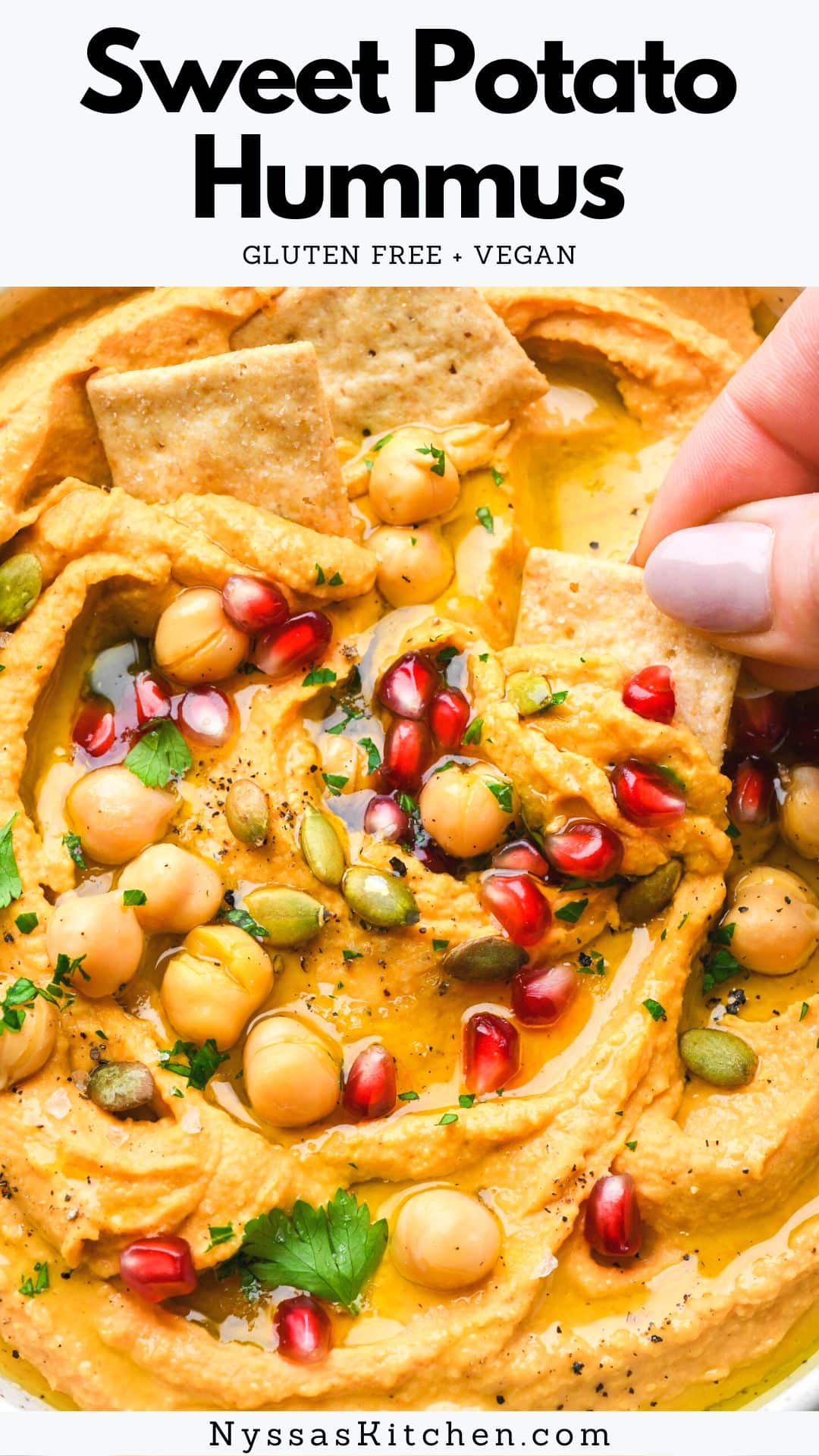 Sweet potato hummus is an extra yummy seasonal twist on a classic hummus recipe that makes the best healthy snack or appetizer for your next get together (or weekly meal prep)! Made with chickpeas, roasted sweet potatoes, a blend of flavorful spices, tahini, and lemon juice. A perfect snack for dipping your favorite crackers and veggies. Gluten free, vegan, dairy free.