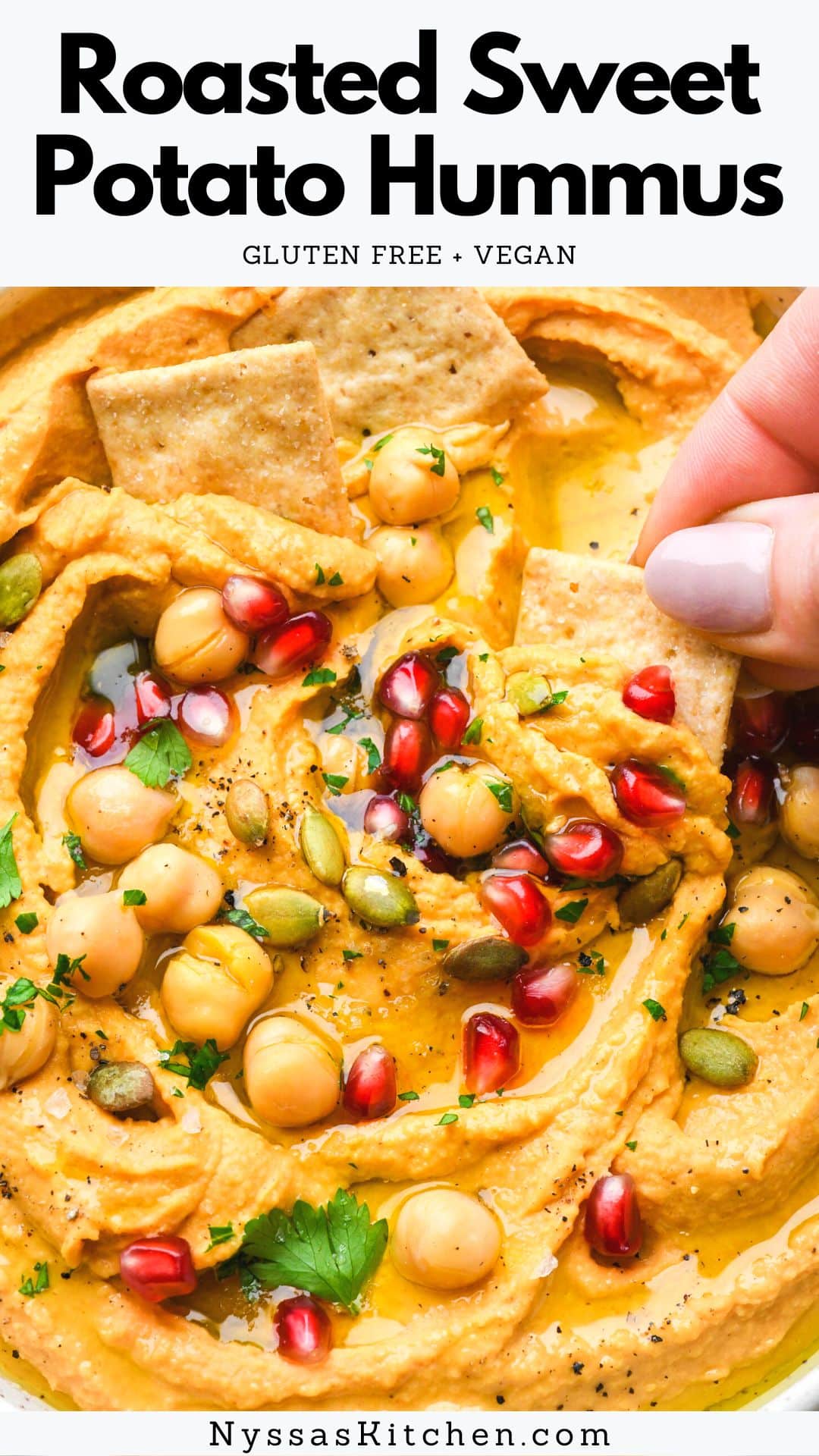 Sweet potato hummus is an extra yummy seasonal twist on a classic hummus recipe that makes the best healthy snack or appetizer for your next get together (or weekly meal prep)! Made with chickpeas, roasted sweet potatoes, a blend of flavorful spices, tahini, and lemon juice. A perfect snack for dipping your favorite crackers and veggies. Gluten free, vegan, dairy free.