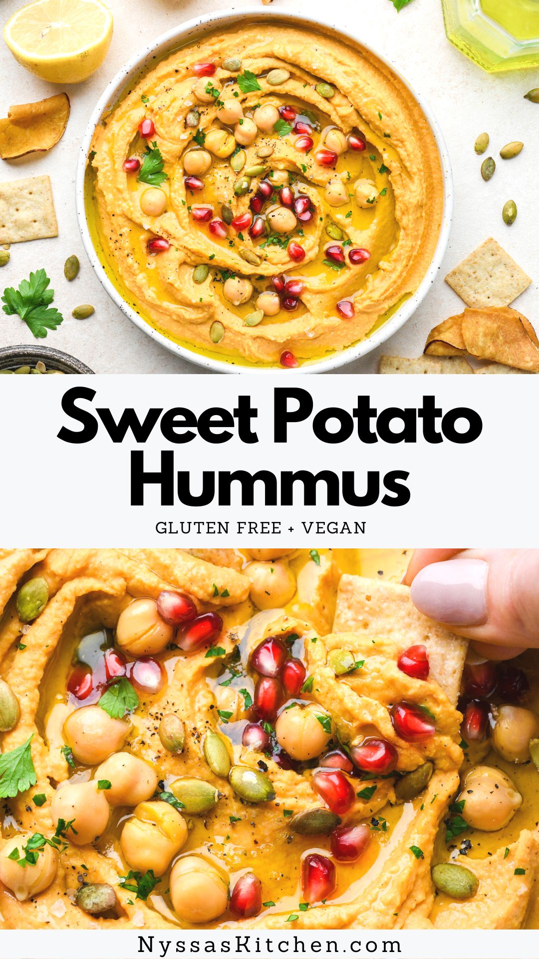 Sweet potato hummus is an extra yummy seasonal twist on a classic hummus recipe that makes the best healthy snack or appetizer for your next get together (or weekly meal prep)! Made with chickpeas, roasted sweet potatoes, a blend of flavorful spices, tahini, and lemon juice. A perfect snack for dipping your favorite crackers and veggies. Gluten free, vegan, dairy free.