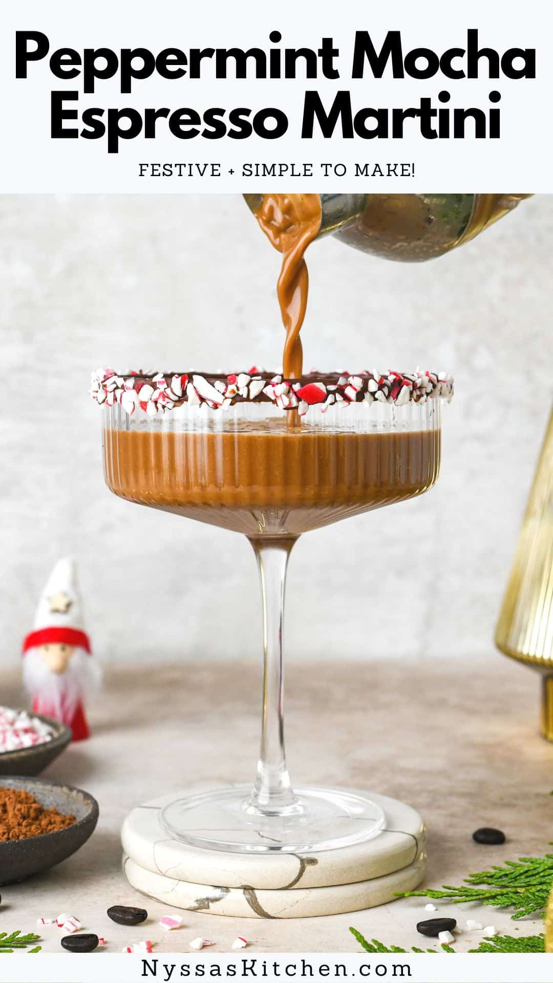 A peppermint mocha espresso martini is an easy (yet fancy!) make at home cocktail that's just perfect for the holiday season. Made with pantry staples that you likely already have on hand (no need to run to the store for any special ingredients), and simple enough that it can be whipped up in just a few minutes. Delightfully creamy, and laced with notes of chocolate and peppermint. A real treat of a drink to cozy up with throughout the winter season!