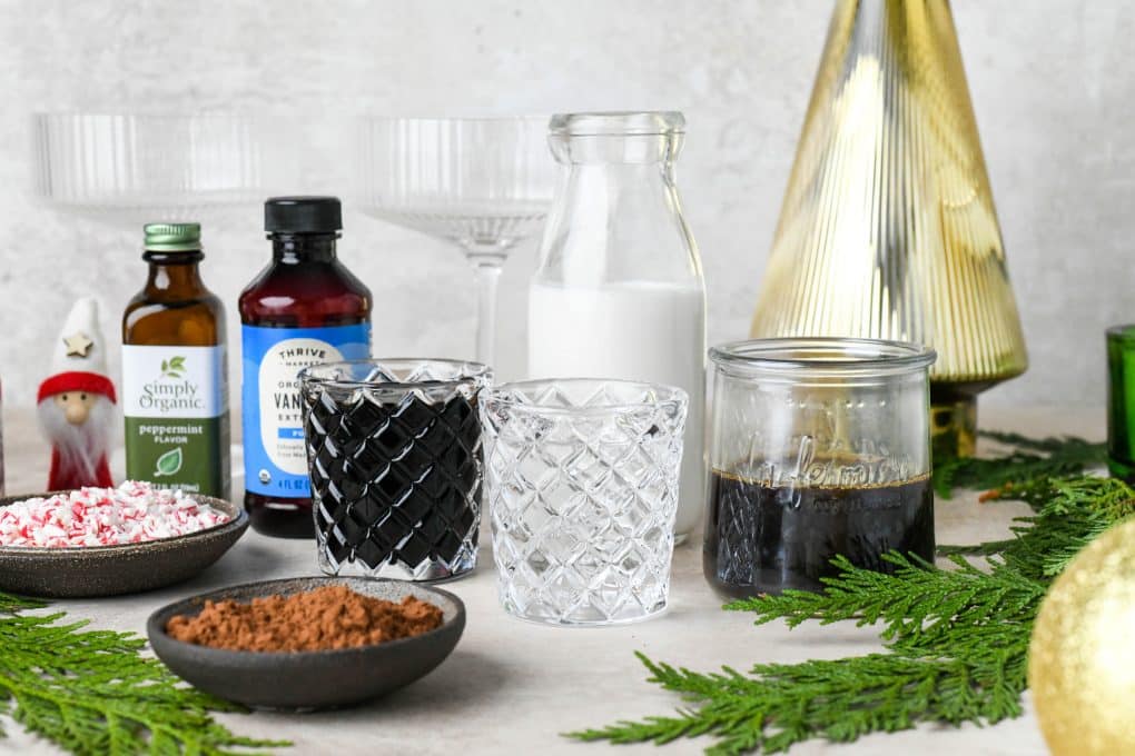 Ingredients for peppermint mocha espresso martinis