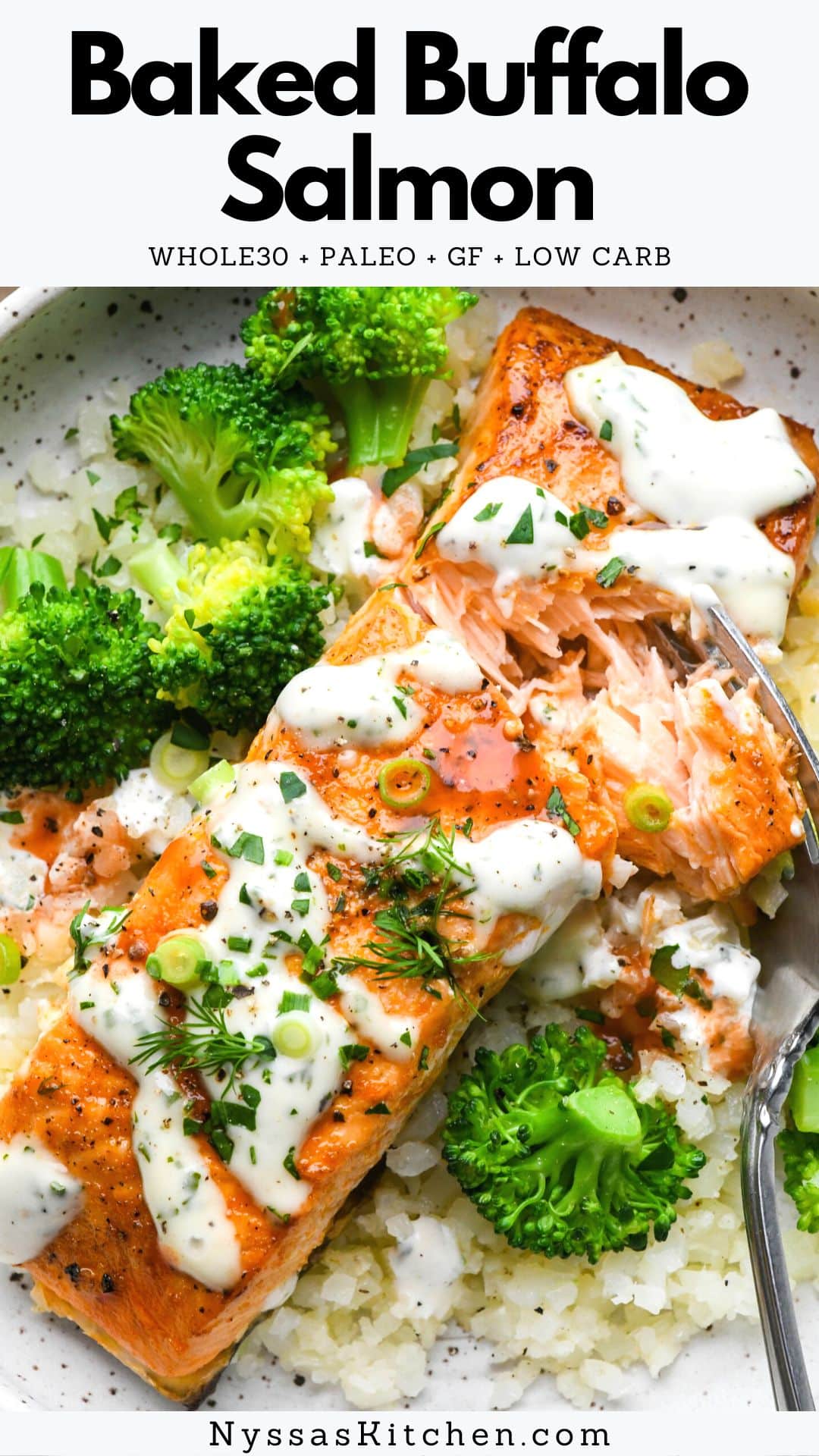 This baked buffalo salmon is a delightfully flavorful and healthy protein that's easy enough to make any night of the week! It's marinated quickly in a simple make-at-home buffalo sauce and baked in the oven until perfectly cooked - flaky and moist! Paleo, Whole30, GF, keto friendly, low carb, and dairy free.