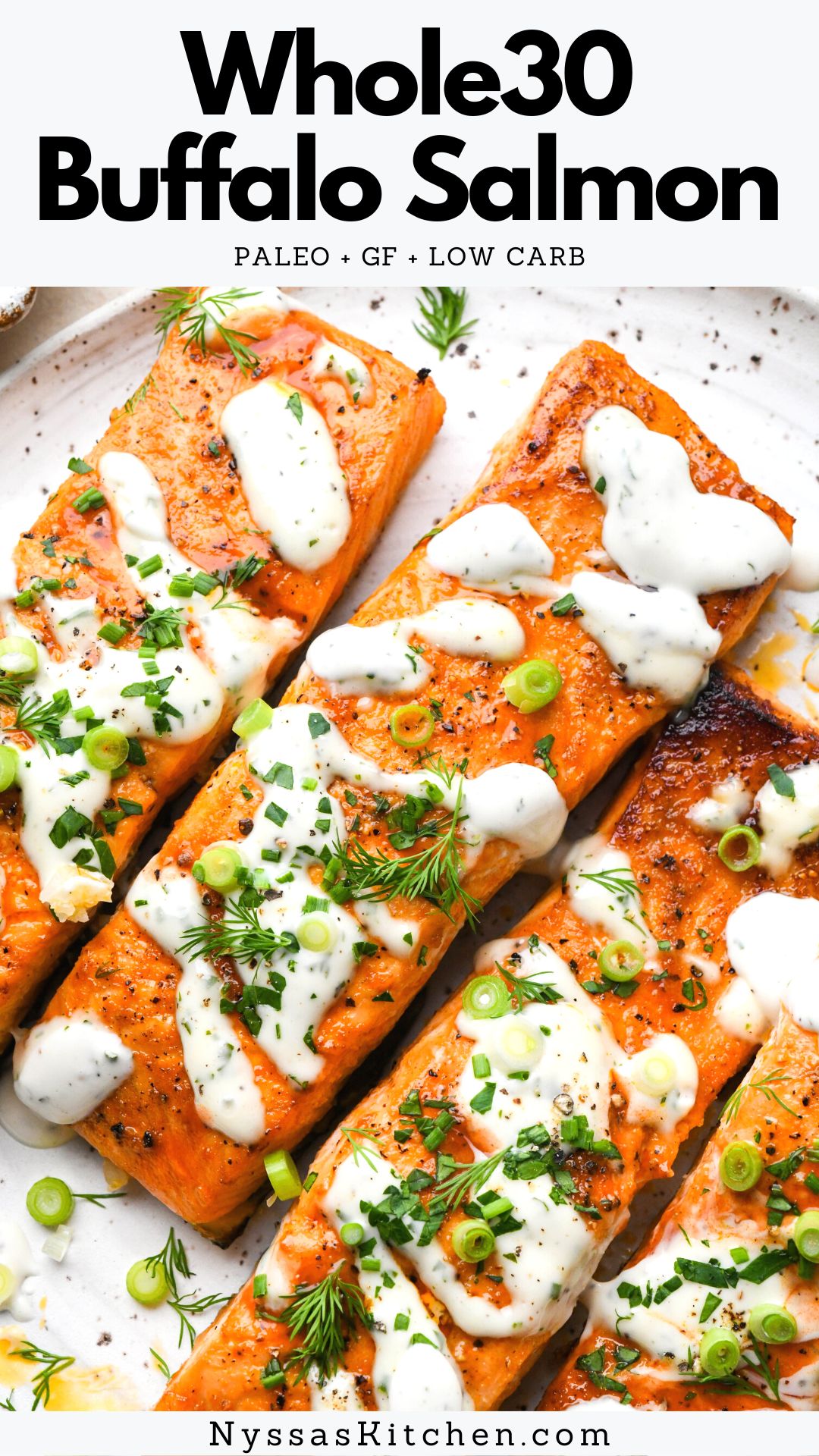 This baked buffalo salmon is a delightfully flavorful recipe that's easy enough to make any night of the week! It's marinated quickly in a simple make-at-home buffalo sauce and baked in the oven until perfectly cooked - flaky and moist! Paleo, Whole30, GF, keto friendly, low carb, and dairy free option.