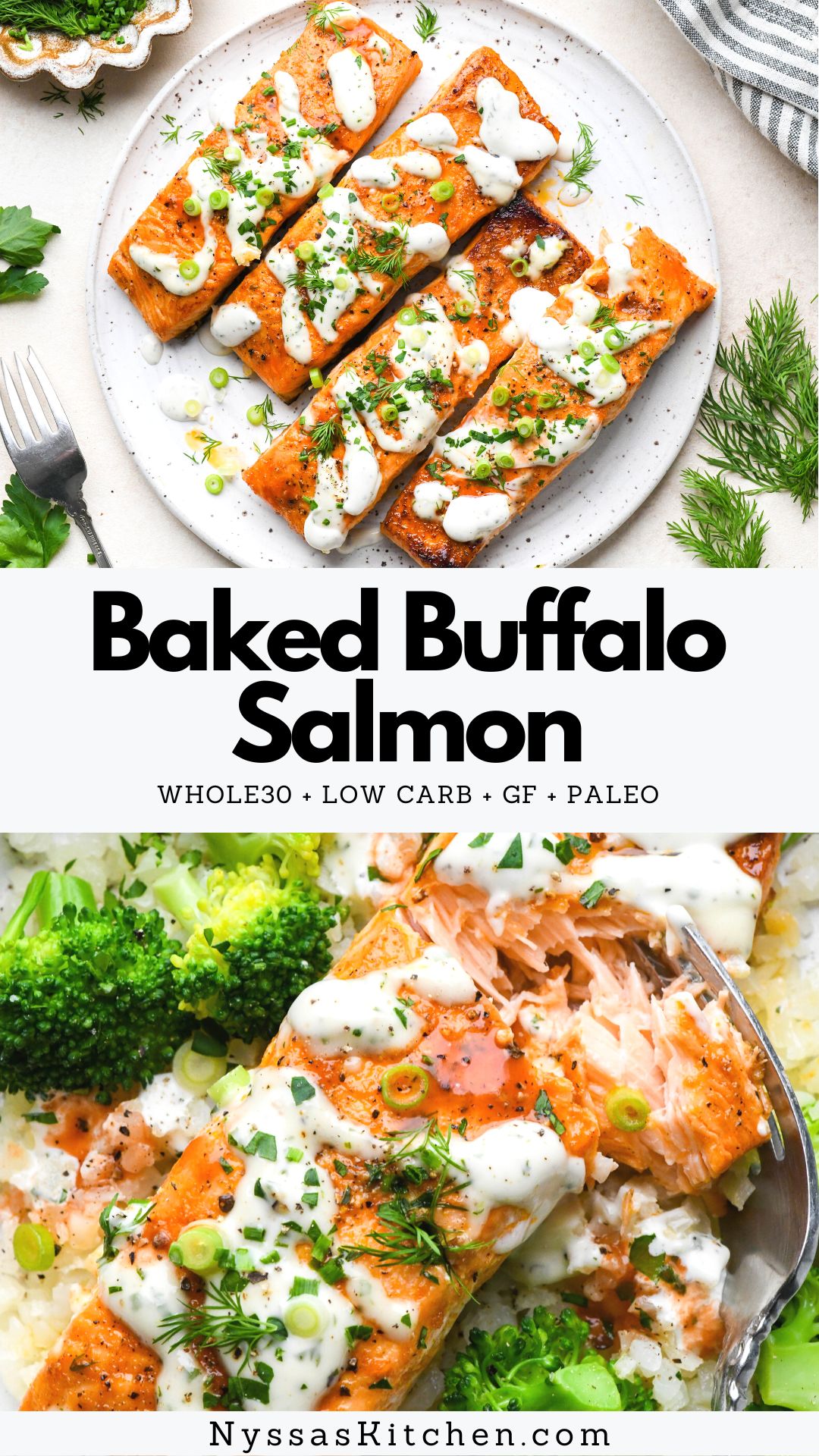 This baked buffalo salmon is a delightfully flavorful and healthy protein that's easy enough to make any night of the week! It's marinated quickly in a simple make-at-home buffalo sauce and baked in the oven until perfectly cooked - flaky and moist! Paleo, Whole30, GF, keto friendly, low carb, and dairy free.