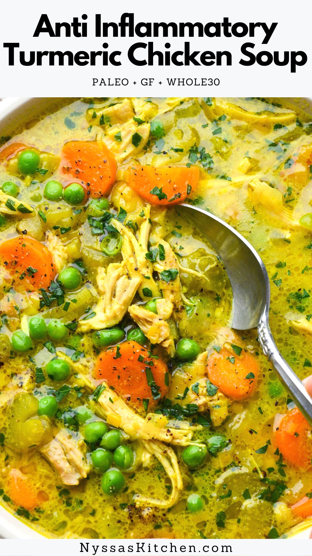 This anti inflammatory turmeric chicken soup is made in one pot with leeks, onions, carrots, celery, peas, chicken, chicken broth, coconut milk, and flavorful spices. It is packed with nutrients, and perfect for meal prep or family dinner. The best way to warm up with when you need some homemade nourishment! Dairy free, paleo, gluten free, vegetarian option.