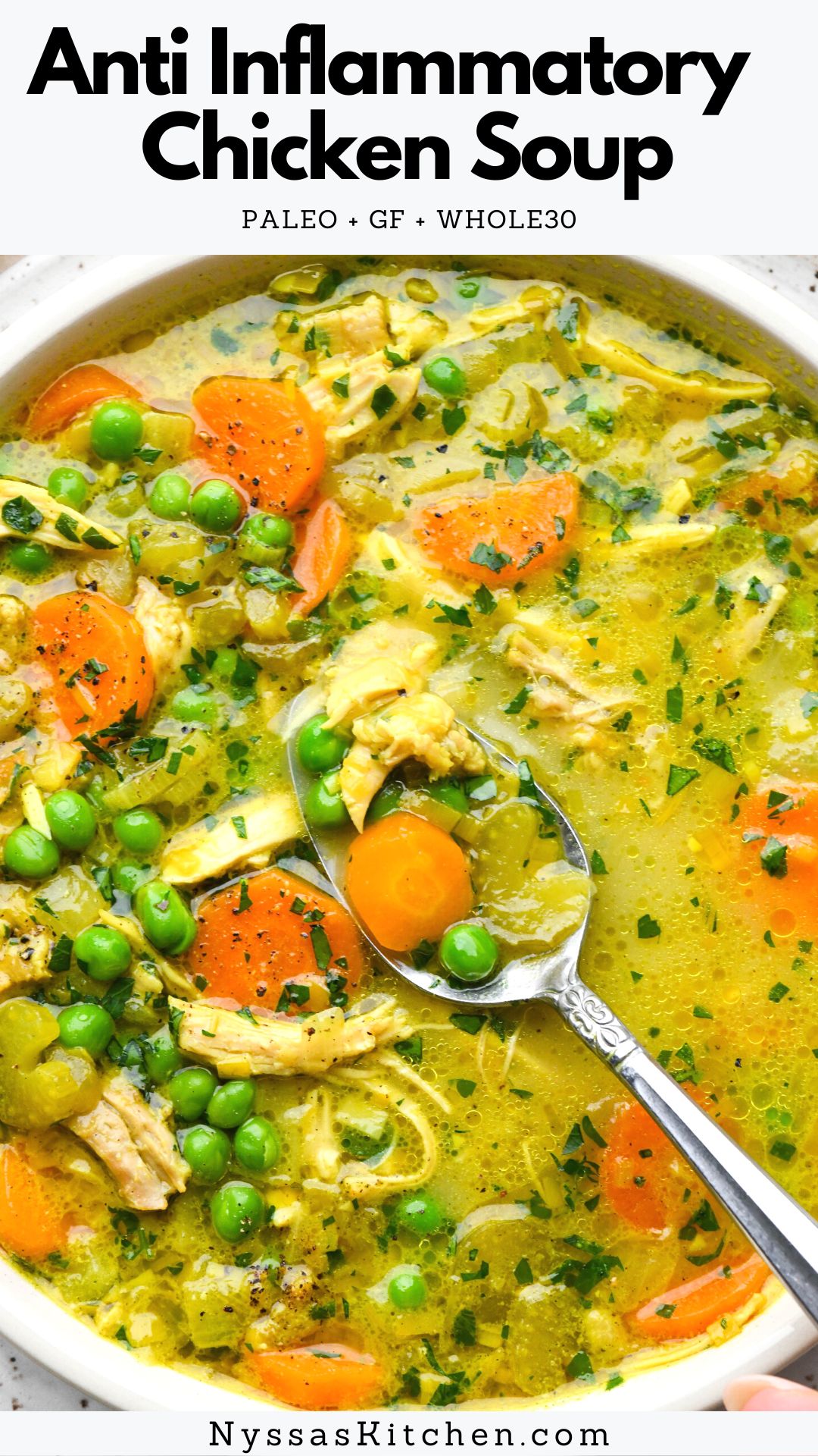 This anti inflammatory turmeric chicken soup is made in one pot with leeks, onions, carrots, celery, peas, chicken, chicken broth, coconut milk, and flavorful spices. It is packed with nutrients, and perfect for meal prep or family dinner. The best way to warm up with when you need some homemade nourishment! Whole30, paleo, gluten free, dairy free.