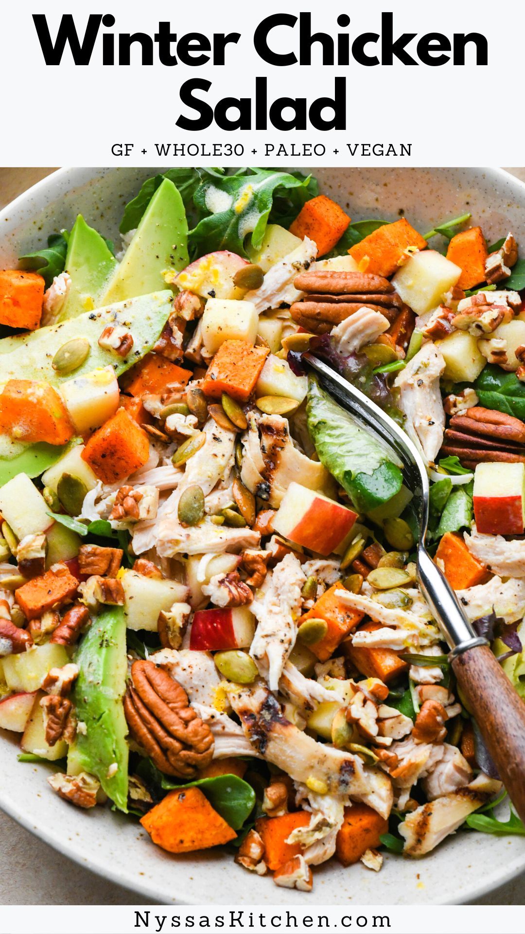 This winter chicken salad is the best salad for those moments during the colder months when you crave something fresh but hearty and filling. Made with your favorite salad greens, chicken breast, roasted sweet potatoes, apples, avocado, nuts, and a bright homemade lemony salad dressing. Easy to throw together and full of flavor and phenomenal texture! Gluten free, paleo, dairy free, & easily made Whole30 compatible.