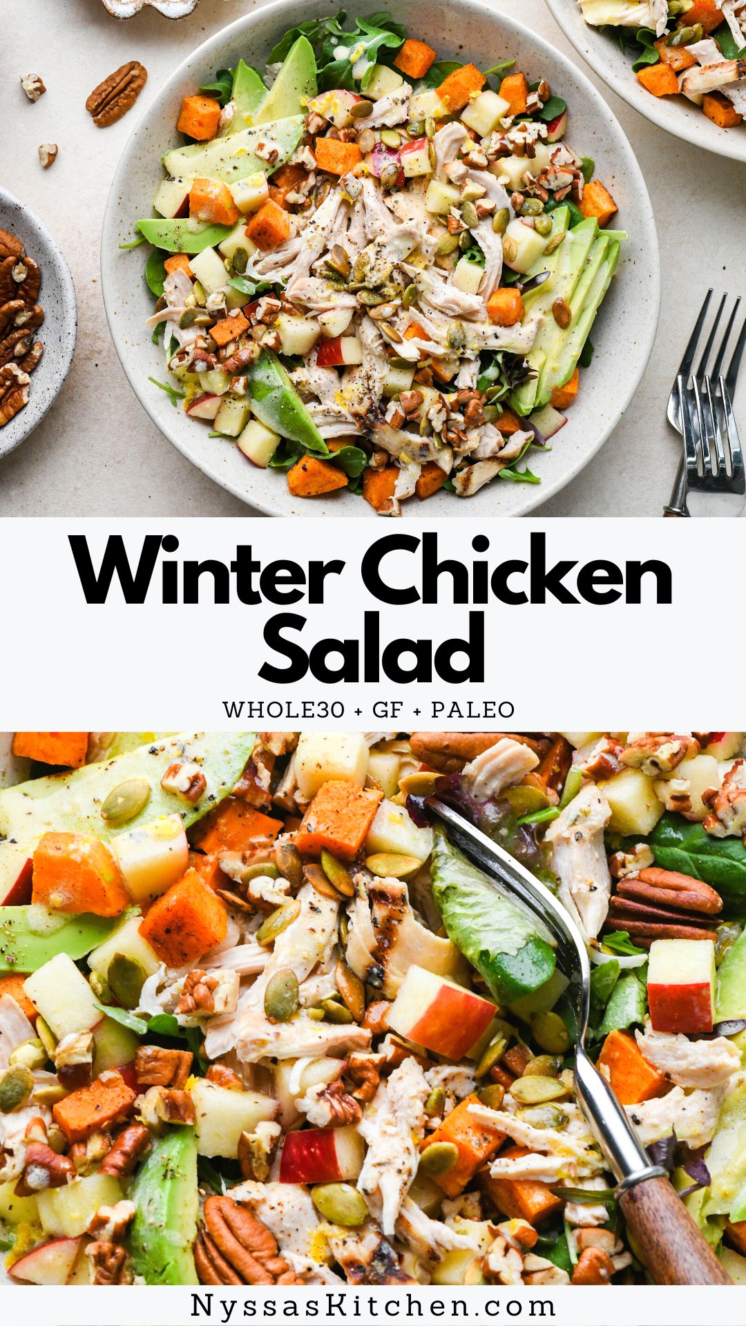 This winter chicken salad is the best salad for those moments during the colder months when you crave something fresh but hearty and filling. Made with your favorite salad greens, chicken breast, roasted sweet potatoes, apples, avocado, nuts, and a bright homemade lemony salad dressing. Easy to throw together and full of flavor and phenomenal texture! Gluten free, paleo, dairy free, & easily made Whole30 compatible.