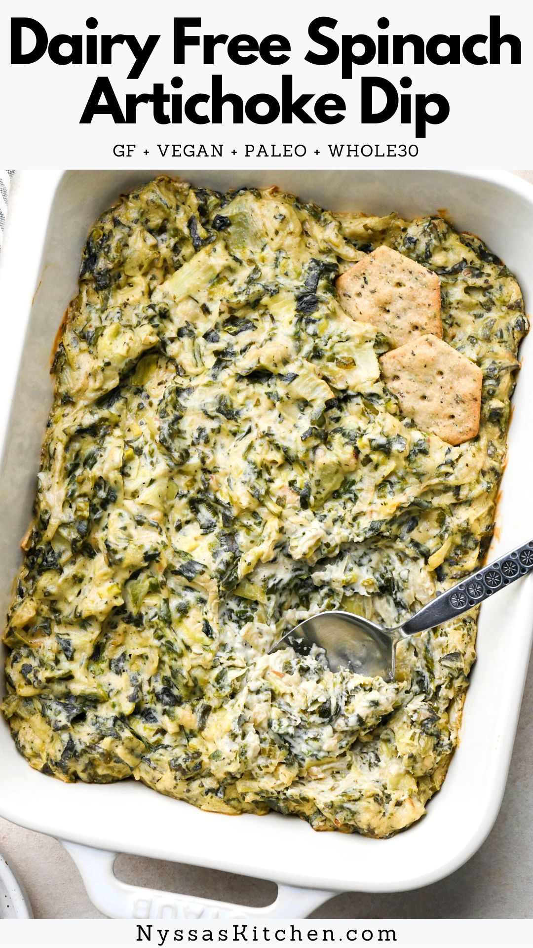 This dairy free spinach artichoke dip is a super luscious (healthy!) version of this classic snack dip. Served warm, and made with raw cashews, artichokes, spinach, and a variety of whole food flavor boosters for a recipe that everyone will enjoy! Made without mayonnaise, cream cheese, sour cream, or store bought vegan cheese. Vegan, Whole30, lactose free, and paleo.