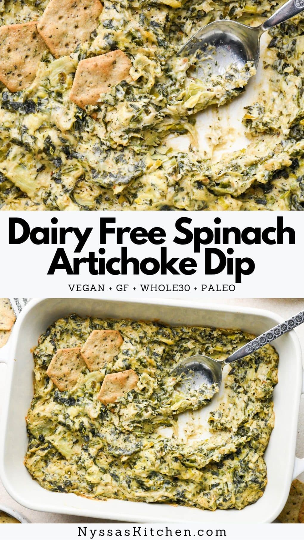 Pinterest pin for Dairy Free Spinach Artichoke Dip