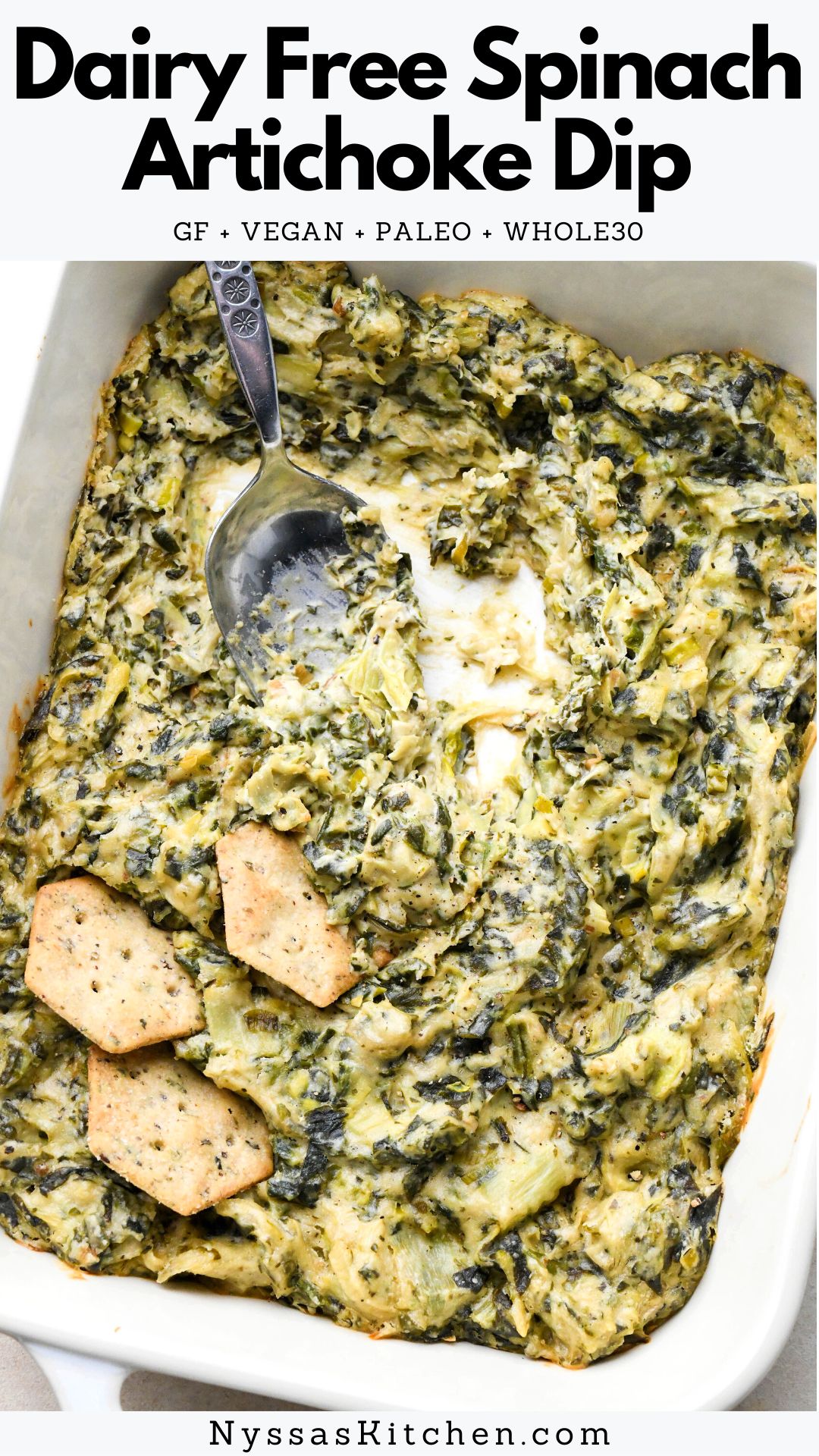 This dairy free spinach artichoke dip is a super luscious (healthy!) version of this classic snack dip. Served warm, and made with raw cashews, artichokes, spinach, and a variety of whole food flavor boosters for a recipe that everyone will enjoy! Made without mayonnaise, cream cheese, sour cream, or store bought vegan cheese. Vegan, Whole30, lactose free, and paleo.