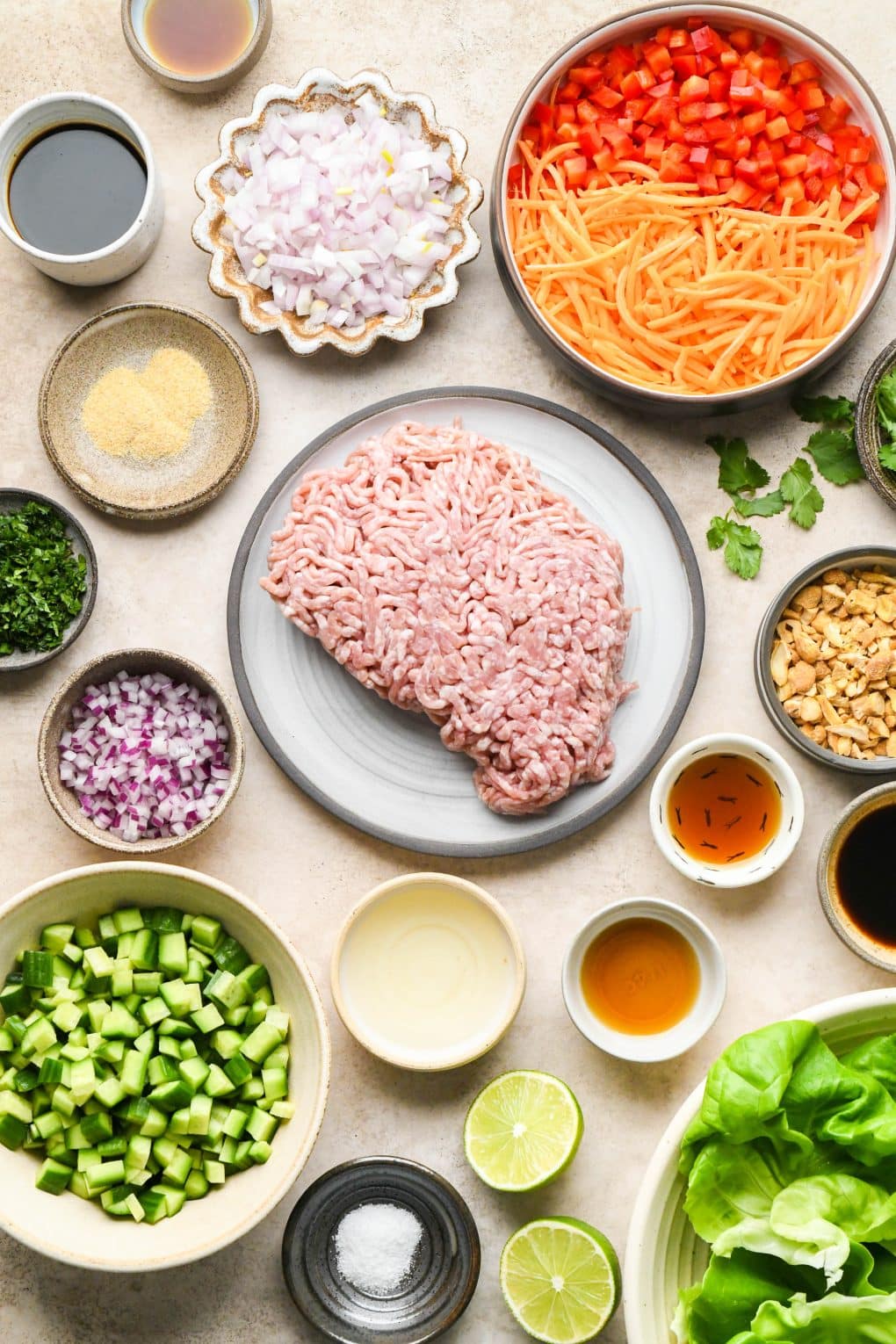 A vibrant display of ingredients for pork lettuce wraps in various ceramic dishes on a cream colored background.