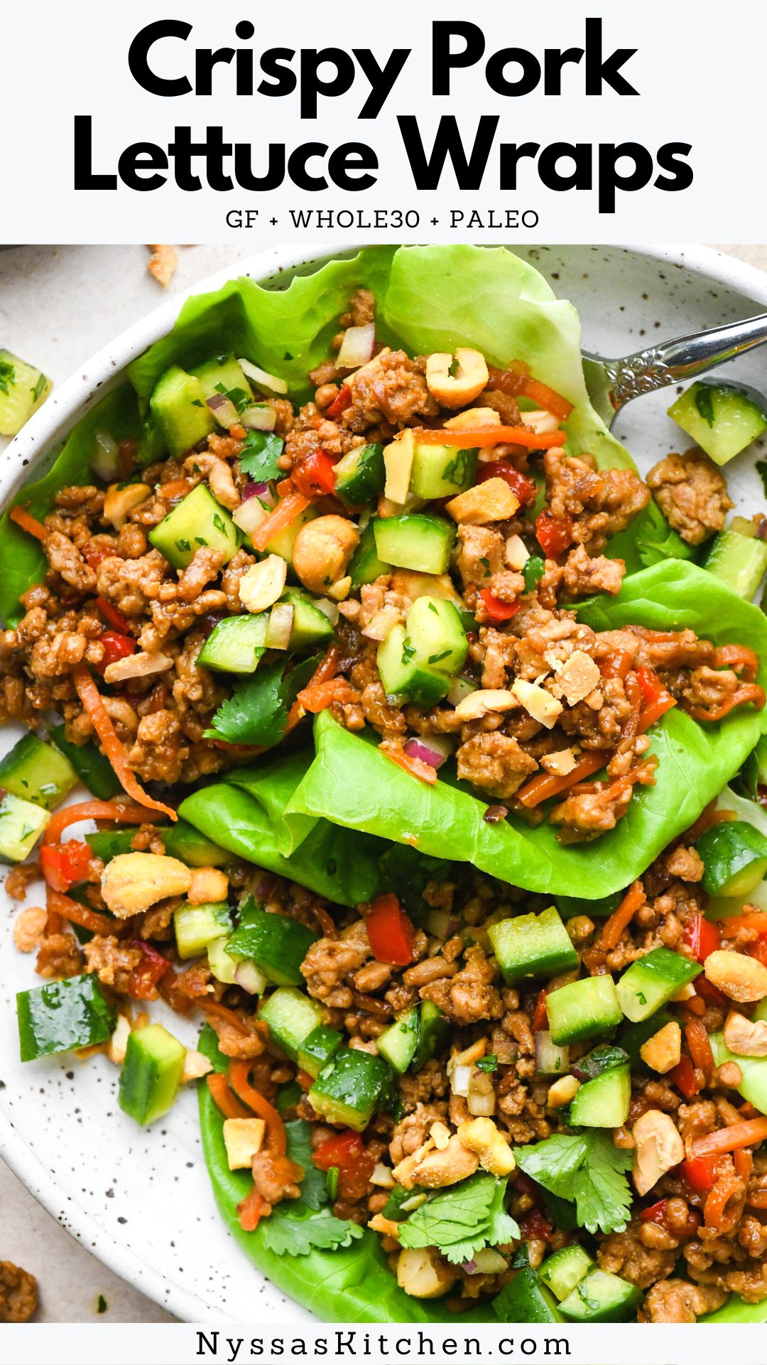 These pork lettuce wraps are a vibrant and flavorful recipe that is ready in less than 30 minutes! Protein rich and made with lots of veggies for an asian inspired meal you'll feel good about serving to the whole family. Gluten free, dairy free, soy free, Whole30 compatible, and Paleo.