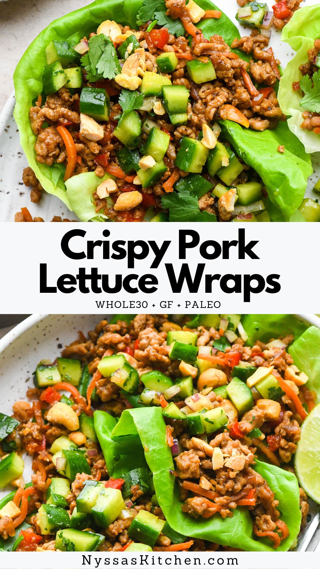 These pork lettuce wraps are a vibrant and flavorful recipe that is ready in less than 30 minutes! Protein rich and made with lots of veggies for an asian inspired meal you'll feel good about serving to the whole family. Gluten free, dairy free, soy free, Whole30 compatible, and Paleo.