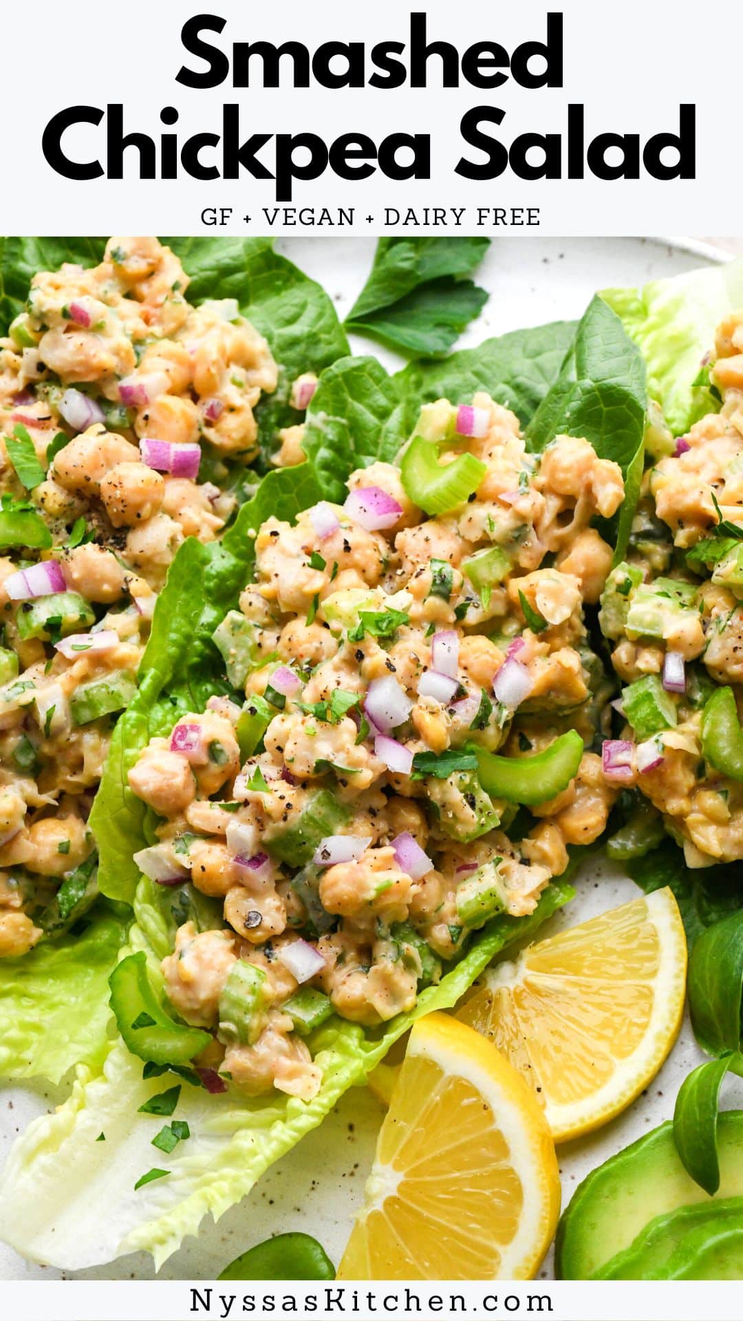 Smashed chickpea salad is the perfect healthy-in-a-hurry recipe for lunch, dinner, or meal prep. Made with all the traditional flavors of a classic tuna salad, but with chickpeas instead of tuna! Delicious on it's own, in lettuce wraps, or for a sandwich. So versatile and ready in less than 20 minutes! Vegan / vegetarian, gluten free, dairy free, nut free, and soy free.