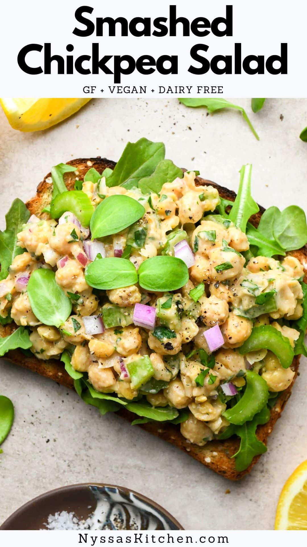 Smashed chickpea salad is the perfect healthy-in-a-hurry recipe for lunch, dinner, or meal prep. Made with all the traditional flavors of a classic tuna salad, but with chickpeas instead of tuna! Delicious on it's own, in lettuce wraps, or for a sandwich. So versatile and ready in less than 20 minutes! Vegan / vegetarian, gluten free, dairy free, nut free, and soy free.