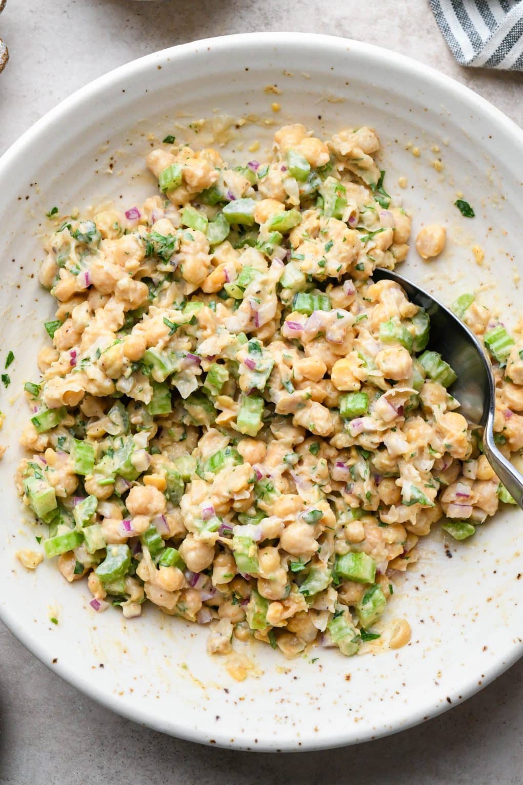 How to make smashed chickpea salad: Chickpea salad mixed together.