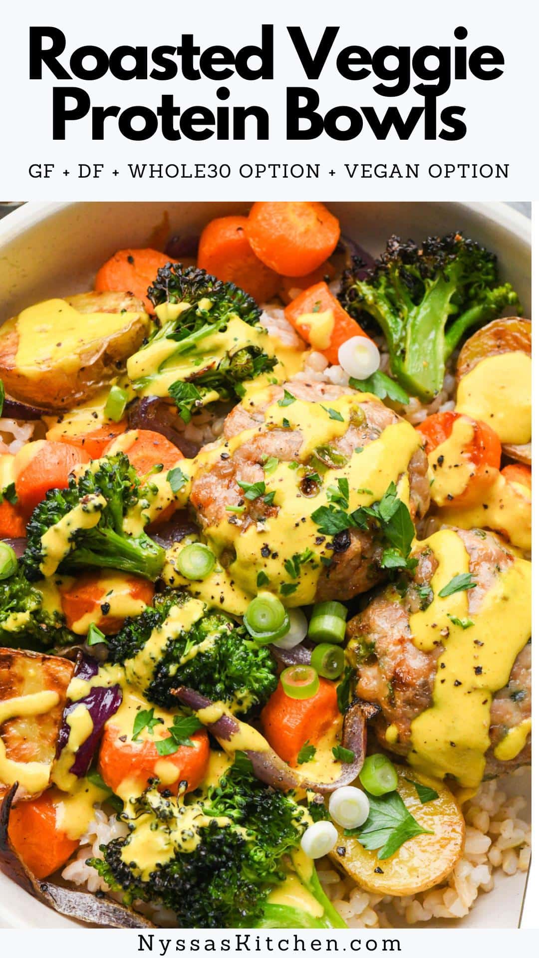 These roasted veggie protein bowls with turmeric tahini and flavorful chicken patties are a delicious healthy lunch or dinner option! Perfect for meal prep or a quick and easy family meal that everyone will love. They are prepped on a single sheet pan and made with a colorful array of vegetables for tons of nutrients! Gluten free, with Paleo, Whole30, and vegan / vegetarian options.