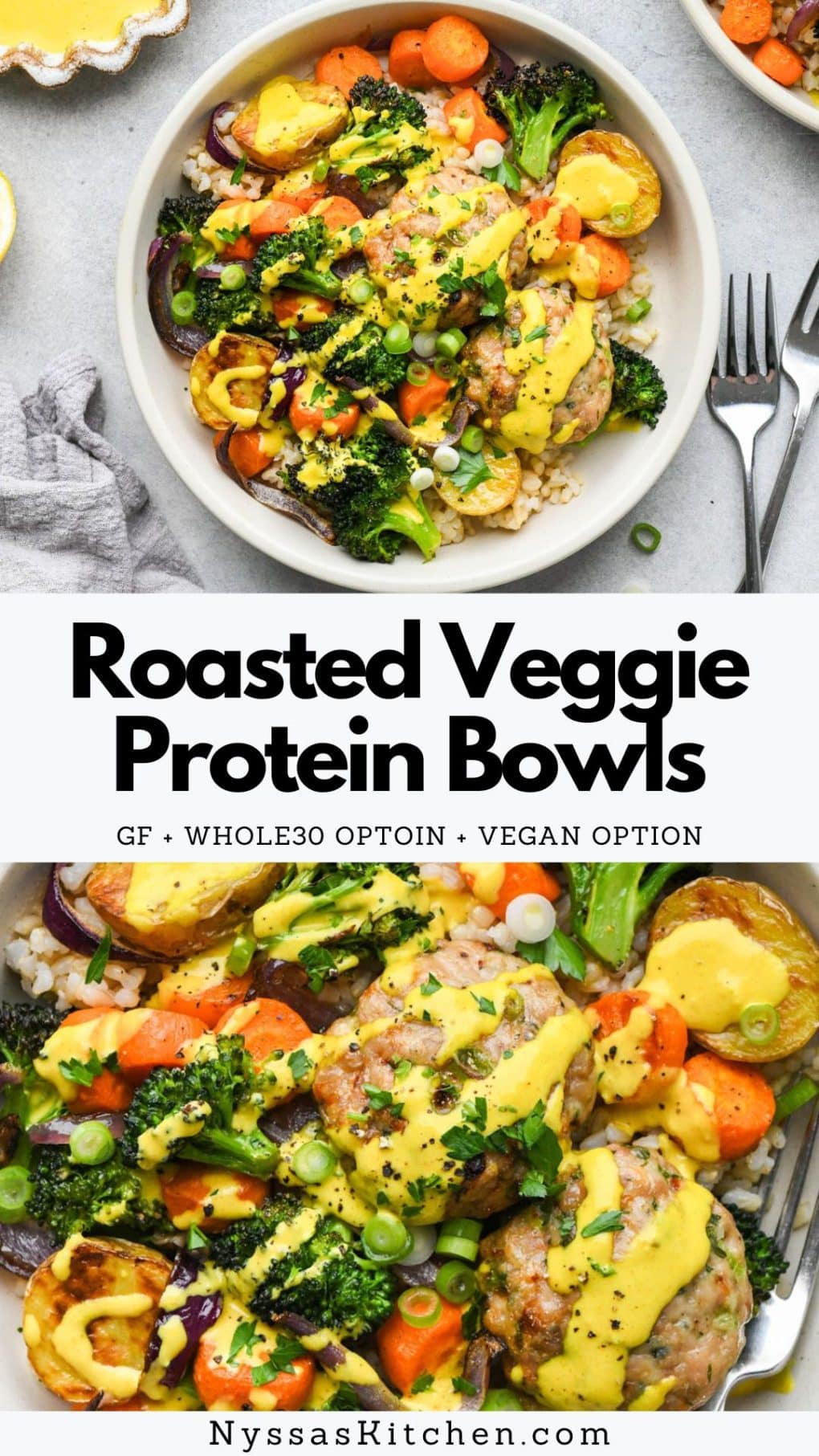 Pinterest pin for Roasted Veggie Protein Bowls with Turmeric Tahini