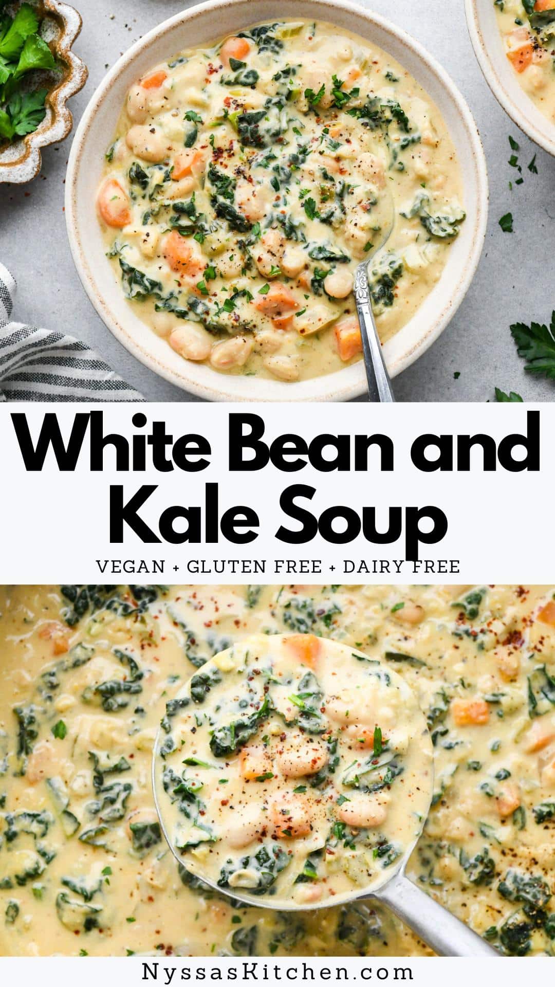 If you're looking for a tasty and nutritious meal that's also dairy-free, look no further than this healthy white bean and kale soup! Packed with veggies and wholesome cannellini beans, this soup is perfect for meal prep or a quick family dinner. And with its rich, creamy texture and comforting flavors, you won't even miss the dairy! Vegan and gluten free.