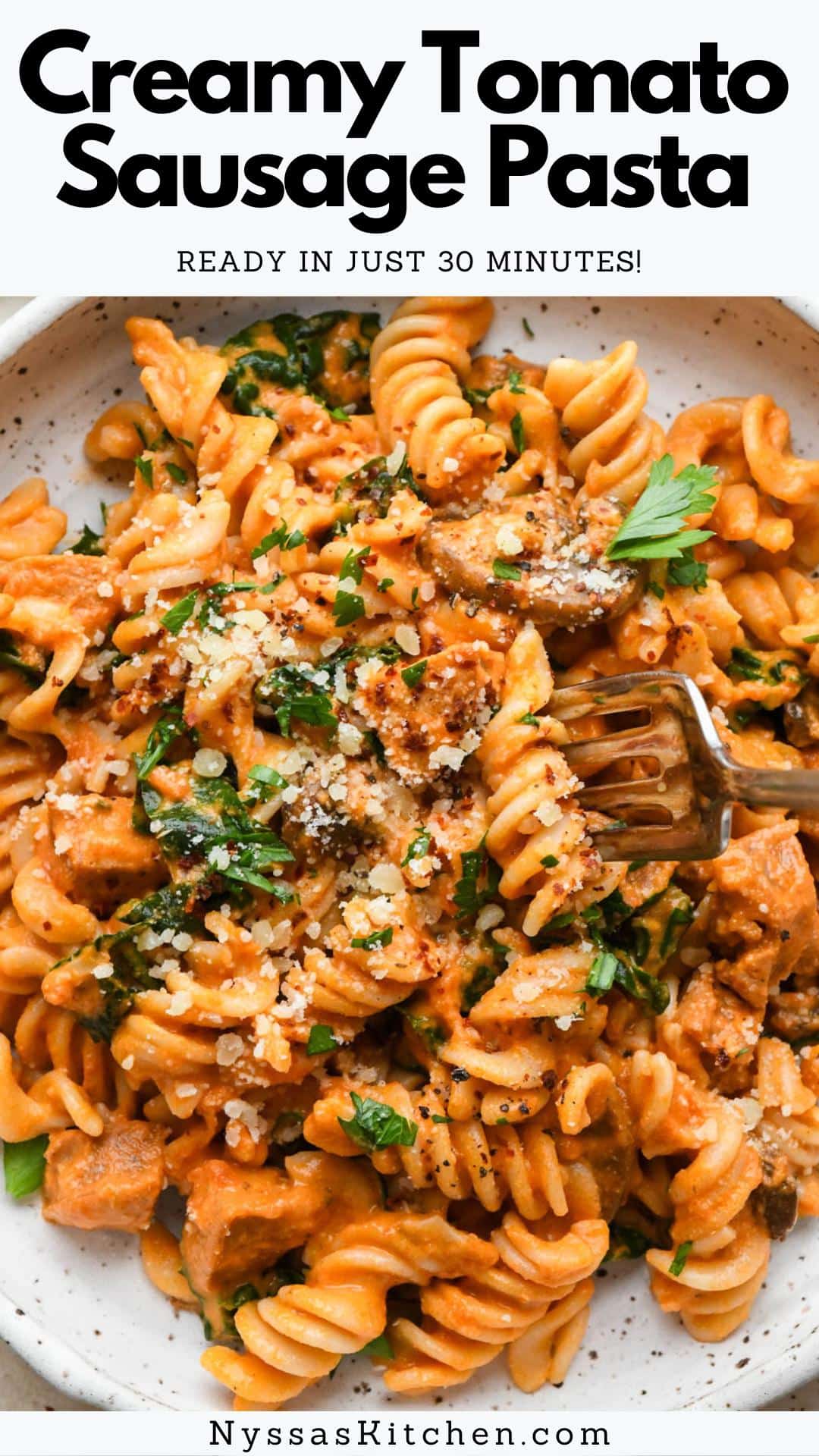 This tomato sausage pasta recipe is the perfect example of healthy comfort food in a bowl! Made with your favorite pre-cooked sausage, nutrient-packed kale, savory mushrooms, and a creamy tomato sauce for a delicious meal that still feels indulgent. Perfect for family dinner or date night! Dairy free, gluten free, vegan option.