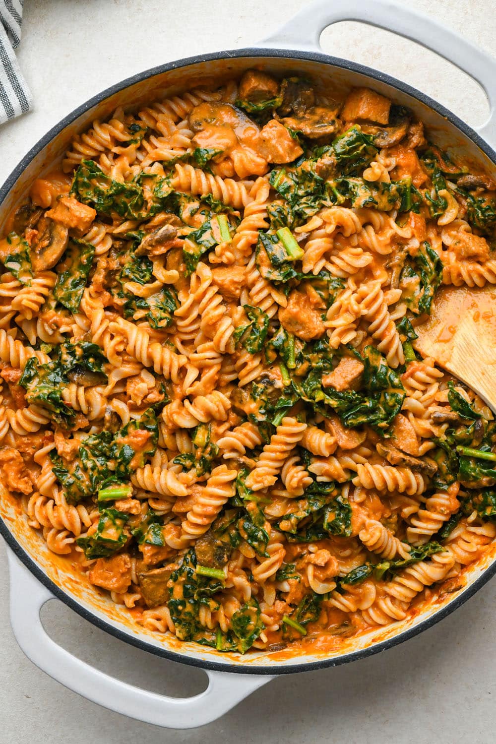 How to make Creamy Tomato Sausage Pasta: Finished pasta in the skillet.