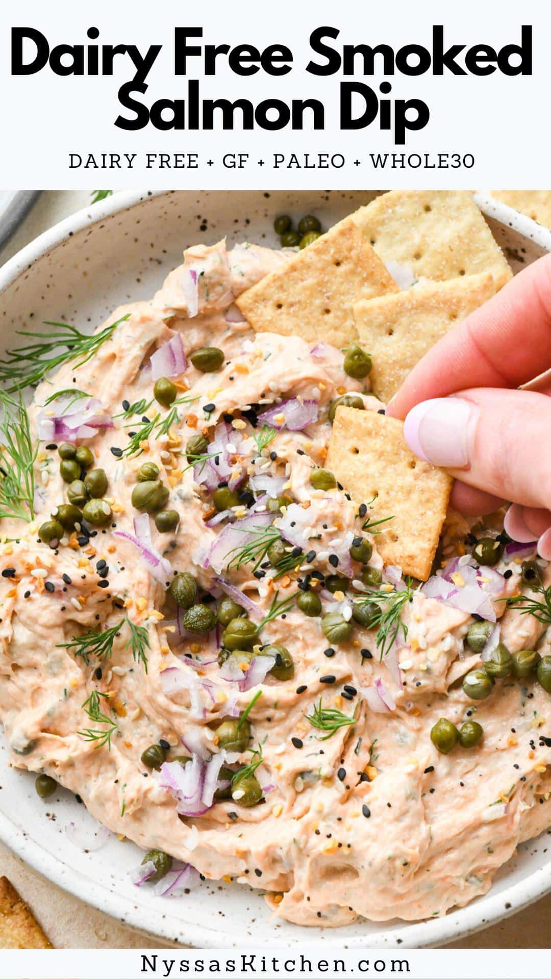 Learn how to transform a classic party dip into a dairy free delight with this recipe for dairy free smoked salmon dip! Made without cream cheese, this dip is the perfect appetizer for any gathering - with a creamy texture and an irresistibly bold flavor that will keep your guests coming back for more. Dairy free, gluten free, paleo friendly, and Whole30 friendly.
