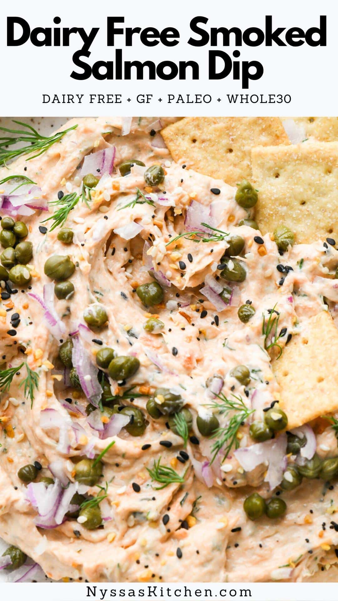 Learn how to transform a classic party dip into a dairy free delight with this recipe for dairy free smoked salmon dip! Made without cream cheese, this dip is the perfect appetizer for any gathering - with a creamy texture and an irresistibly bold flavor that will keep your guests coming back for more. Dairy free, gluten free, paleo friendly, and Whole30 friendly.