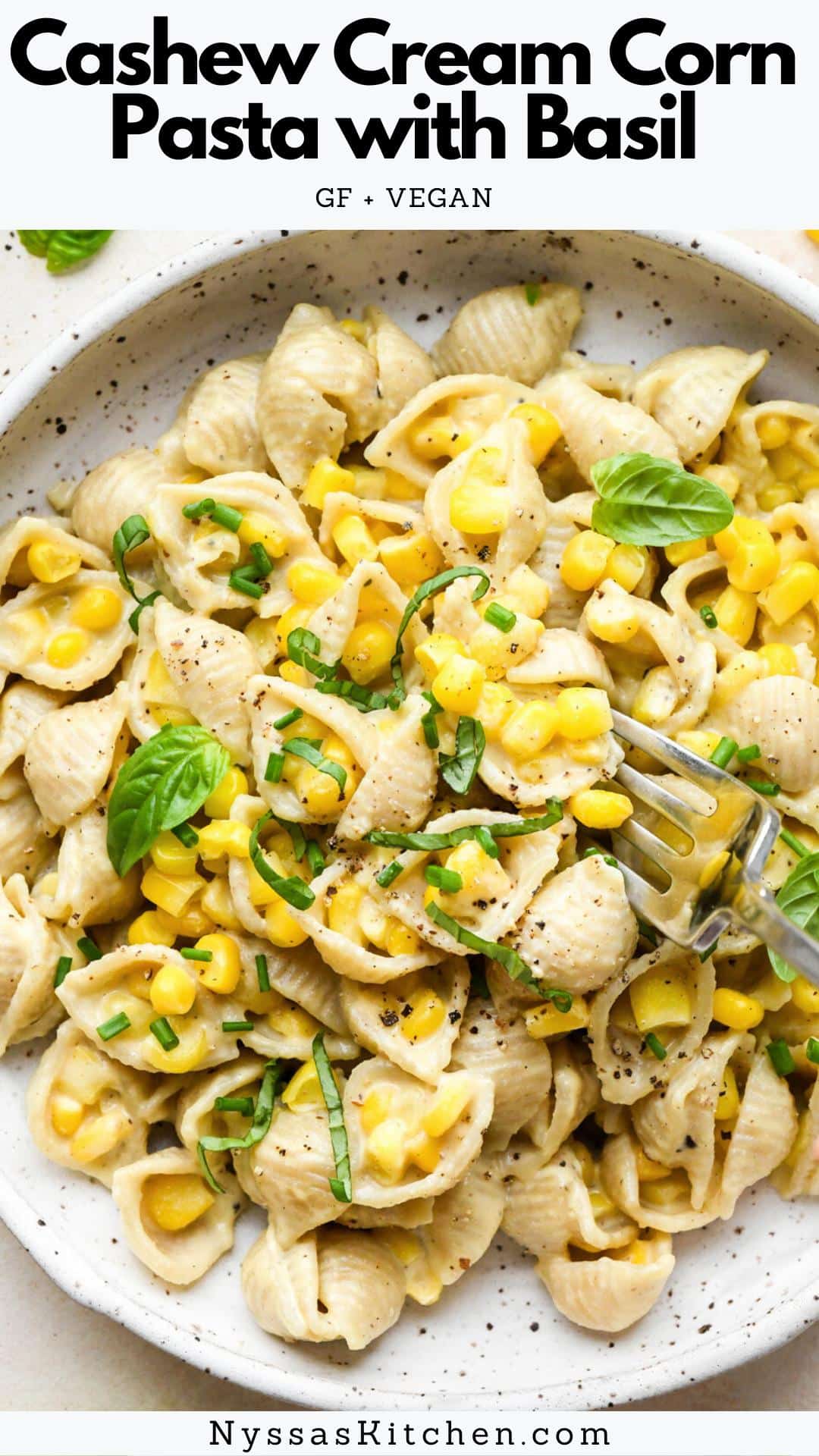 This super simple cashew cream corn pasta with basil makes the best quick summer meal! Made with an exceptionally creamy (easy to make!) cashew-based sauce, fresh or frozen sweet corn, your favorite pasta, and basil. It will delight the entire table for lunch, dinner, or as a flavorful side dish. It is GF, dairy free, vegan, and vegetarian.