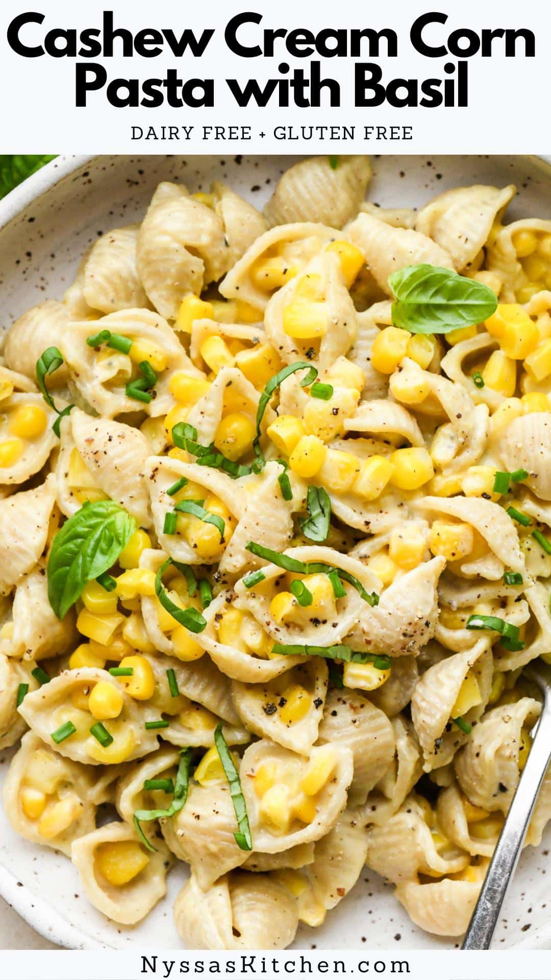 This super simple cashew cream corn pasta with basil makes the best quick summer meal! Made with an exceptionally creamy (easy to make!) cashew-based sauce, fresh or frozen sweet corn, your favorite pasta, and basil. It will delight the entire table for lunch, dinner, or as a flavorful side dish. It is GF, dairy free, vegan, and vegetarian.