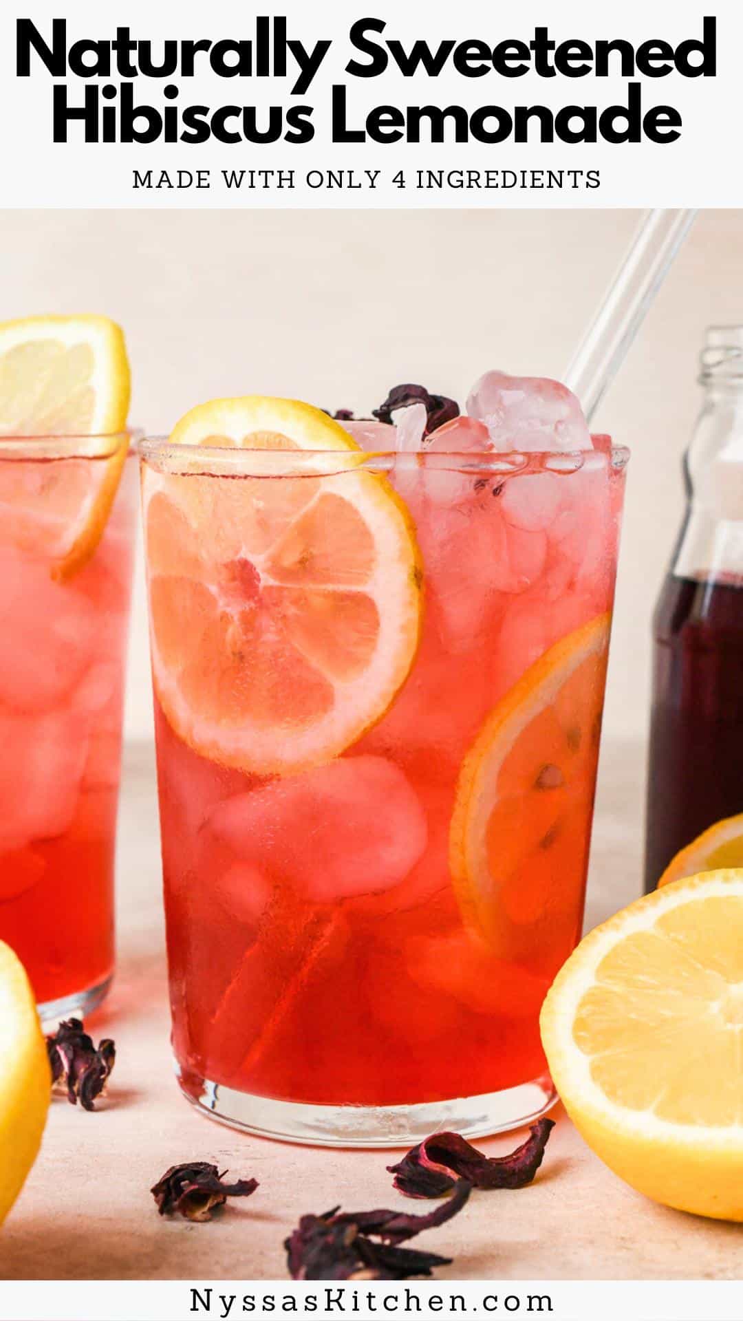This juicy and refreshing 4-ingredient hibiscus lemonade is made with an irresistible blend of naturally sweetened homemade hibiscus syrup and fresh lemon juice. Ready in less than 30 minutes and easy to make ahead for a family get together, summer BBQ, or weekend party! The perfect non-alcoholic drink to enjoy throughout the warmer months of the year.
