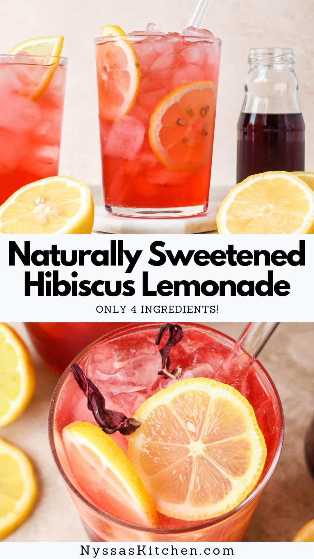 This juicy and refreshing 4-ingredient hibiscus lemonade is made with an irresistible blend of naturally sweetened homemade hibiscus syrup and fresh lemon juice. Ready in less than 30 minutes and easy to make ahead for a family get together, summer BBQ, or weekend party! The perfect non-alcoholic drink to enjoy throughout the warmer months of the year.