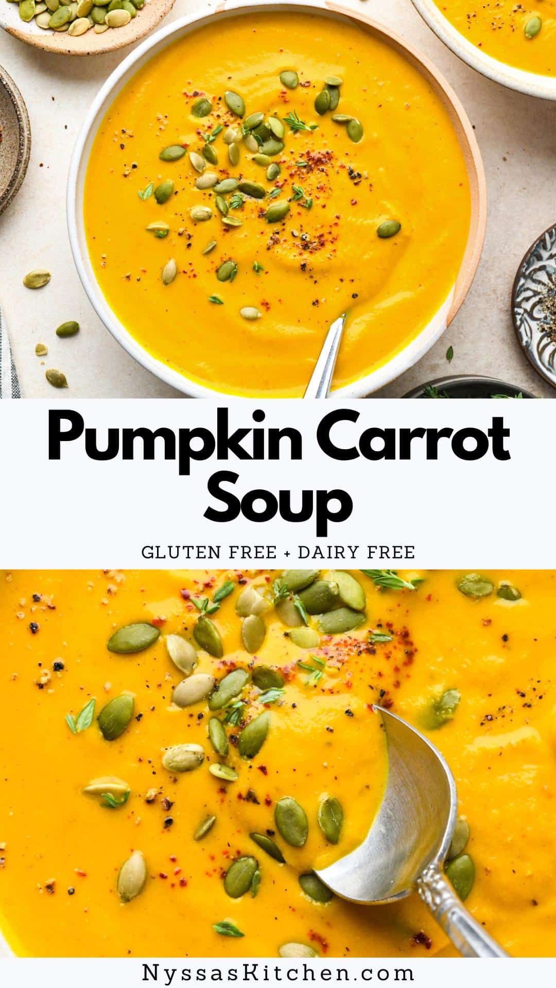 Silky smooth and perfectly spiced, this dairy free pumpkin carrot soup is just the thing to enjoy for lunch or dinner when the weather outside turns cool. It's easy to make and only takes about 30 minutes to prepare! Cozy, creamy, and full of flavor, it's sure to be a hit with adults and kids alike. It is gluten free, dairy free, vegan, vegetarian, Paleo friendly, and Whole30 compatible (with one small tweak!).
