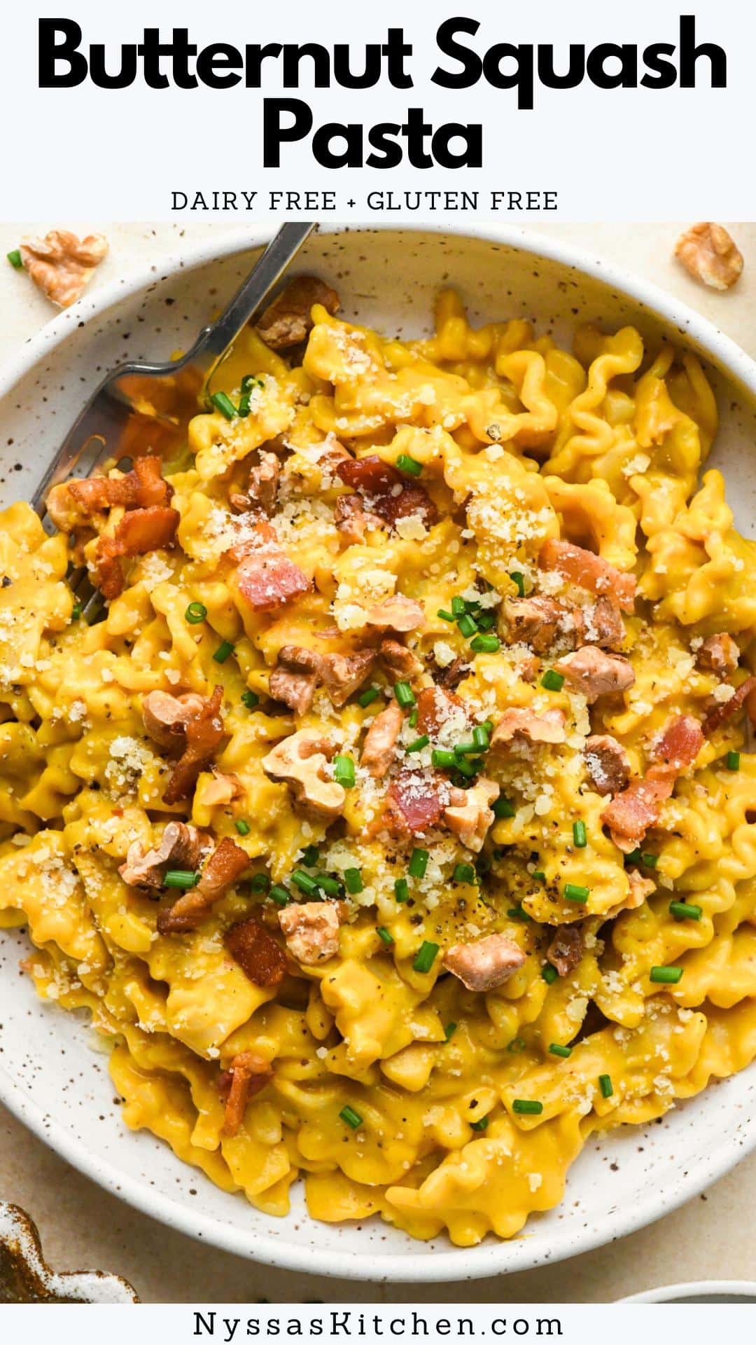If you love a cozy dairy free pasta recipe than this butternut squash pasta is for you! Made without heavy cream, swapping in ultra creamy cashew cream instead. It is easy to make, healthy, and a total crowd pleaser. Easily made vegan and vegetarian by leaving out the bacon and using olive oil instead!