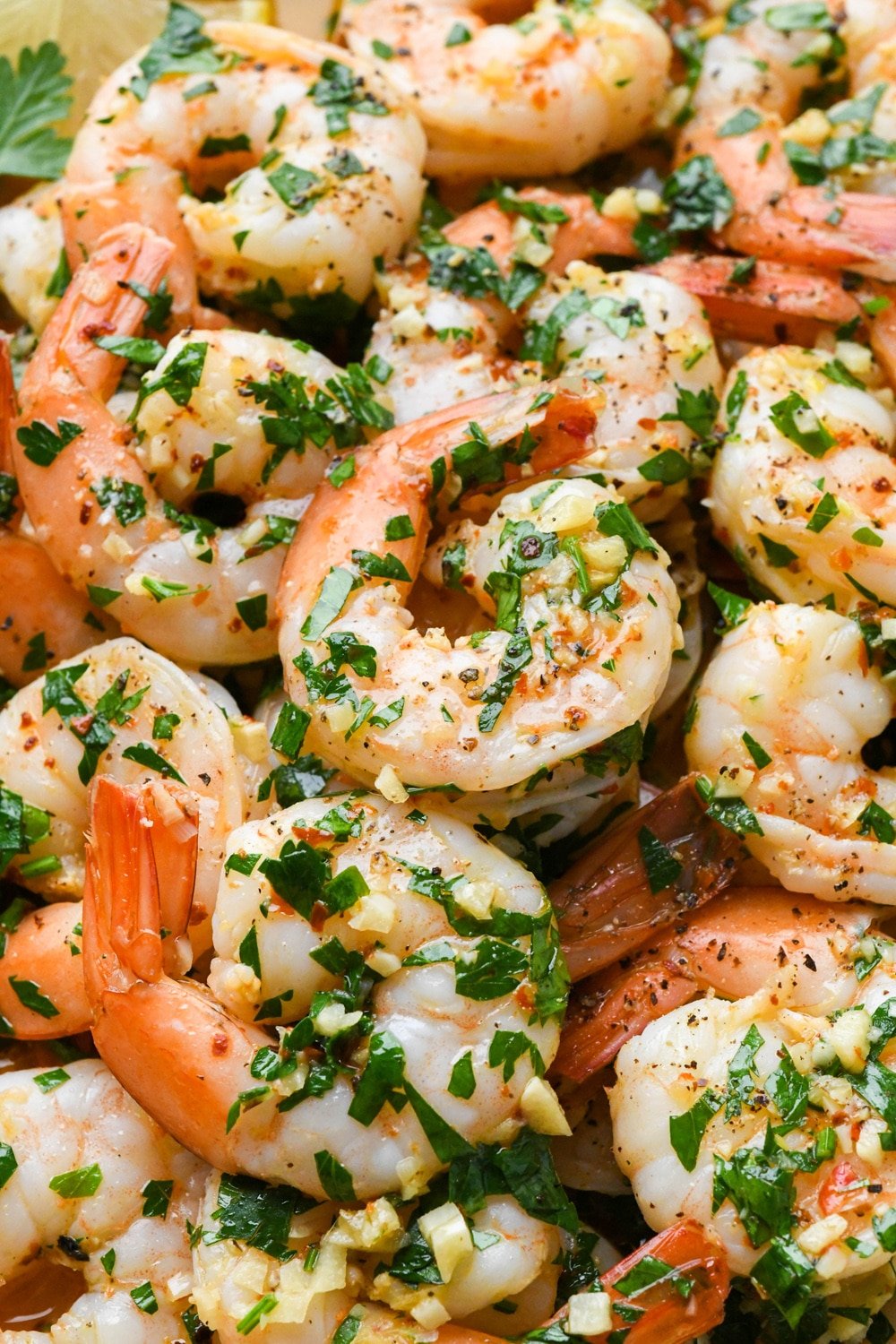 Close up of shrimp scampi on a platter with lots of garlic and parsley.