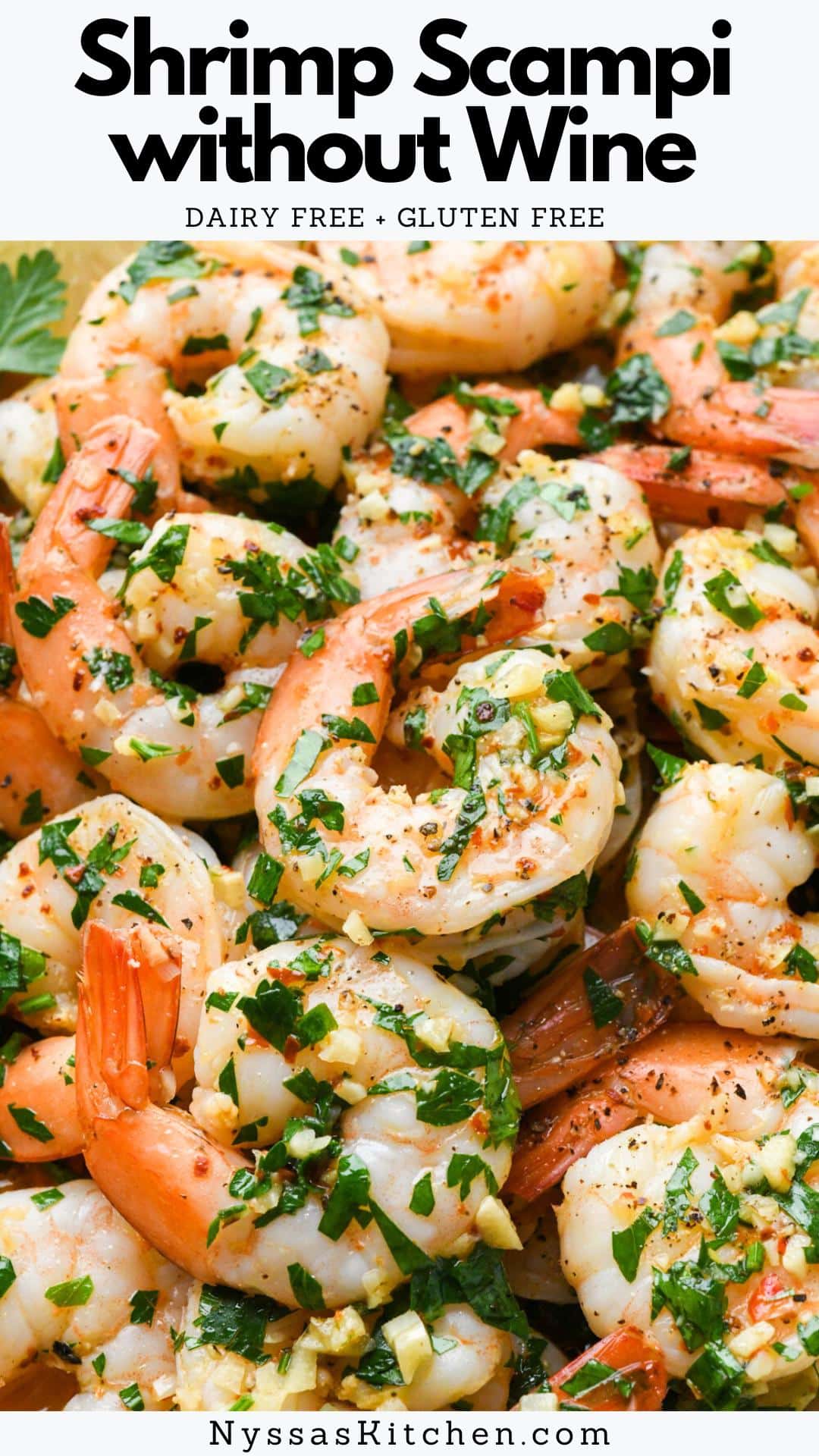 This recipe for shrimp scampi without wine is so easy to make from scratch! It is ready in just 20 minutes from start to finish. Cooked on the stovetop and made with tail on shrimp, olive oil, garlic, (optional) chili flakes, parsley, lemon juice, and broth. It pairs perfectly with your favorite pasta but is also delicious served on its own with a side dish or as an appetizer. A healthy recipe that is gluten free, dairy free, and bursting with flavor!