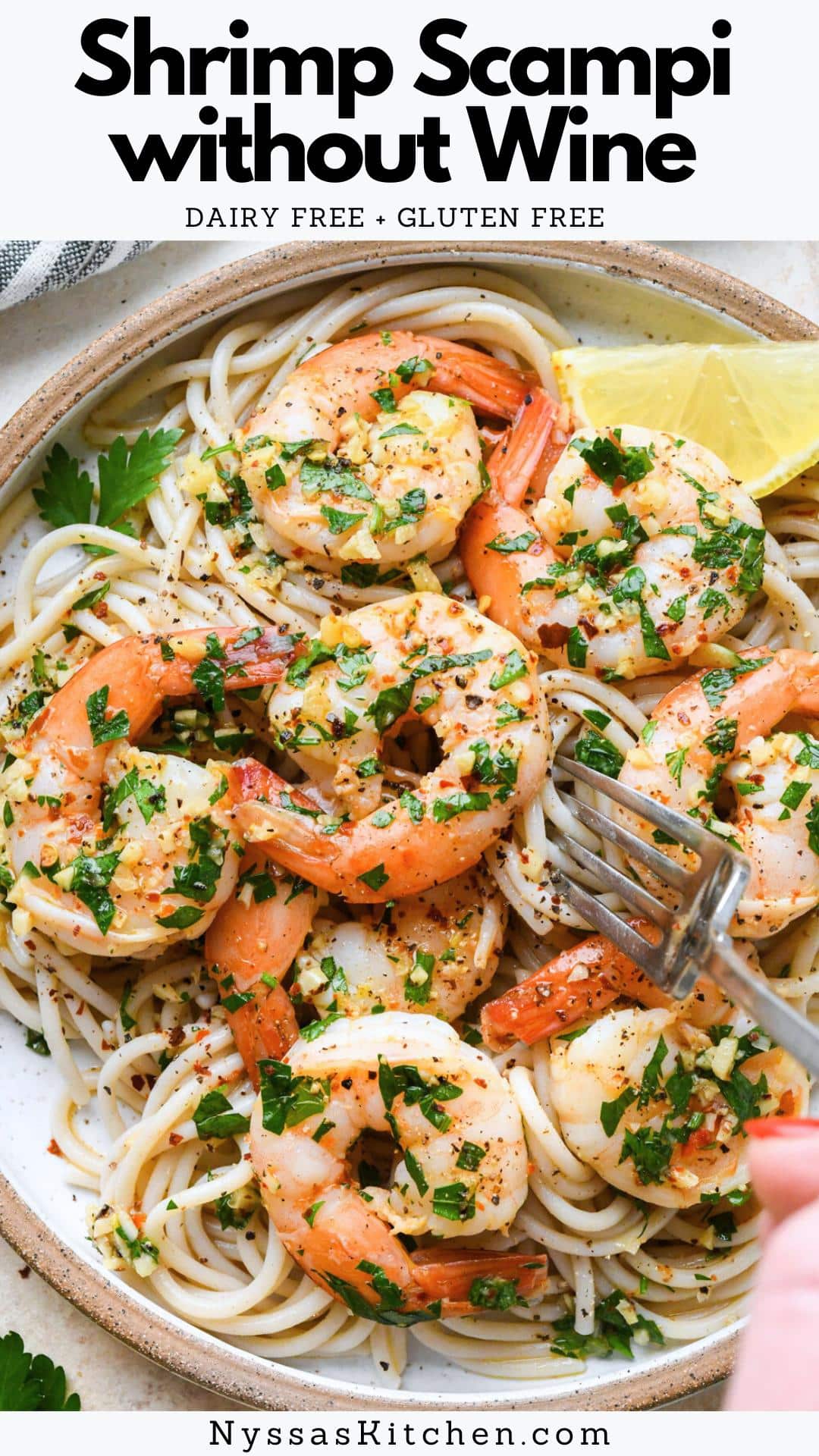 This recipe for shrimp scampi without wine is so easy to make from scratch! It is ready in just 20 minutes from start to finish. Cooked on the stovetop and made with tail on shrimp, olive oil, garlic, (optional) chili flakes, parsley, lemon juice, and broth. It pairs perfectly with your favorite pasta but is also delicious served on its own with a side dish or as an appetizer. A healthy recipe that is gluten free, dairy free, and bursting with flavor!