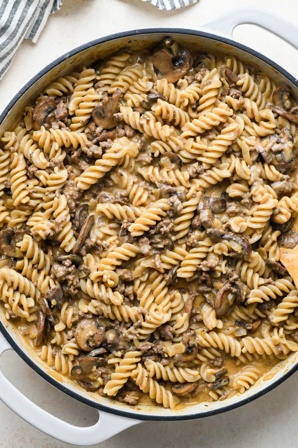 How to make Dairy Free Beef Stroganoff: Pasta after it has been stirred and simmered to thicken.