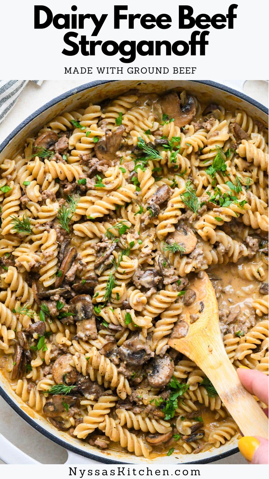 This easy dairy free beef stroganoff is the perfect pasta for the whole family! And because it's made with ground beef it comes together even more quickly than a traditional beef stroganoff recipe. You can have it on the table in less than 45 minutes! It's dairy free, thanks to cashew cream, which replaces sour cream. The recipe includes plenty of mushrooms and a simple blend of spices and flavor-boosting ingredients for lots of rich flavor. Using gluten free pasta also makes the dish gluten free!