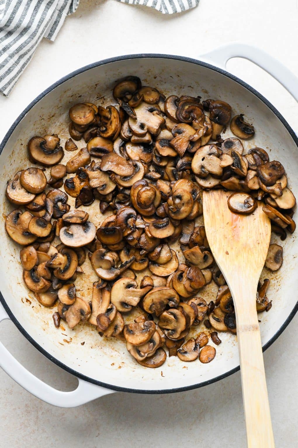 How to make Dairy Free Beef Stroganoff: Mushrooms in skillet after sautéing. 