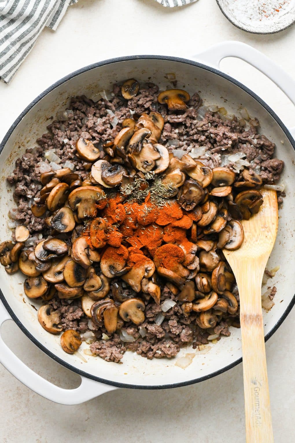 How to make Dairy Free Beef Stroganoff: Mushrooms added back to the skillet with spices, before stirring together.