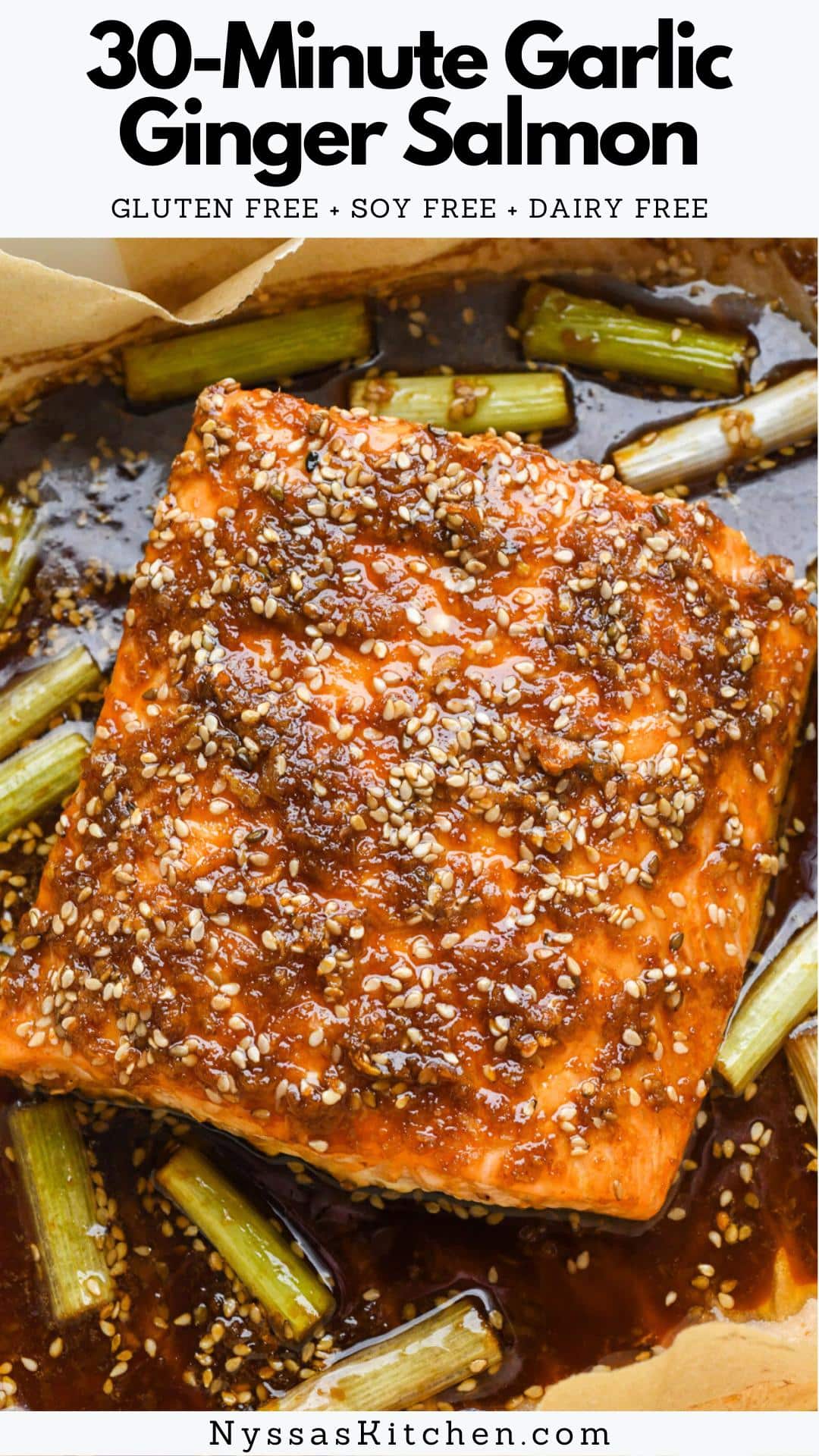 This 30-minute garlic ginger glazed salmon is the new easy salmon recipe you need in your weekly meal rotation! It comes together quickly (no marinade time!) and is made with just a handful of pantry staples. The recipe makes two servings but can easily be doubled to serve four. Gluten free, soy free, and naturally sweetened with a bit of honey!