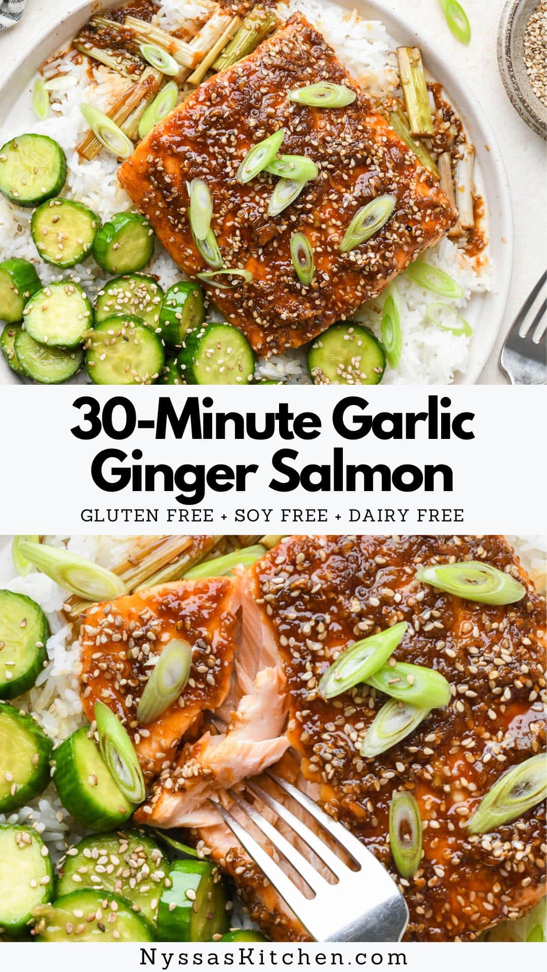 This 30-minute garlic ginger glazed salmon is the new easy salmon recipe you need in your weekly meal rotation! It comes together quickly (no marinade time!) and is made with just a handful of pantry staples. The recipe makes two servings but can easily be doubled to serve four. Gluten free, soy free, and naturally sweetened with a bit of honey!